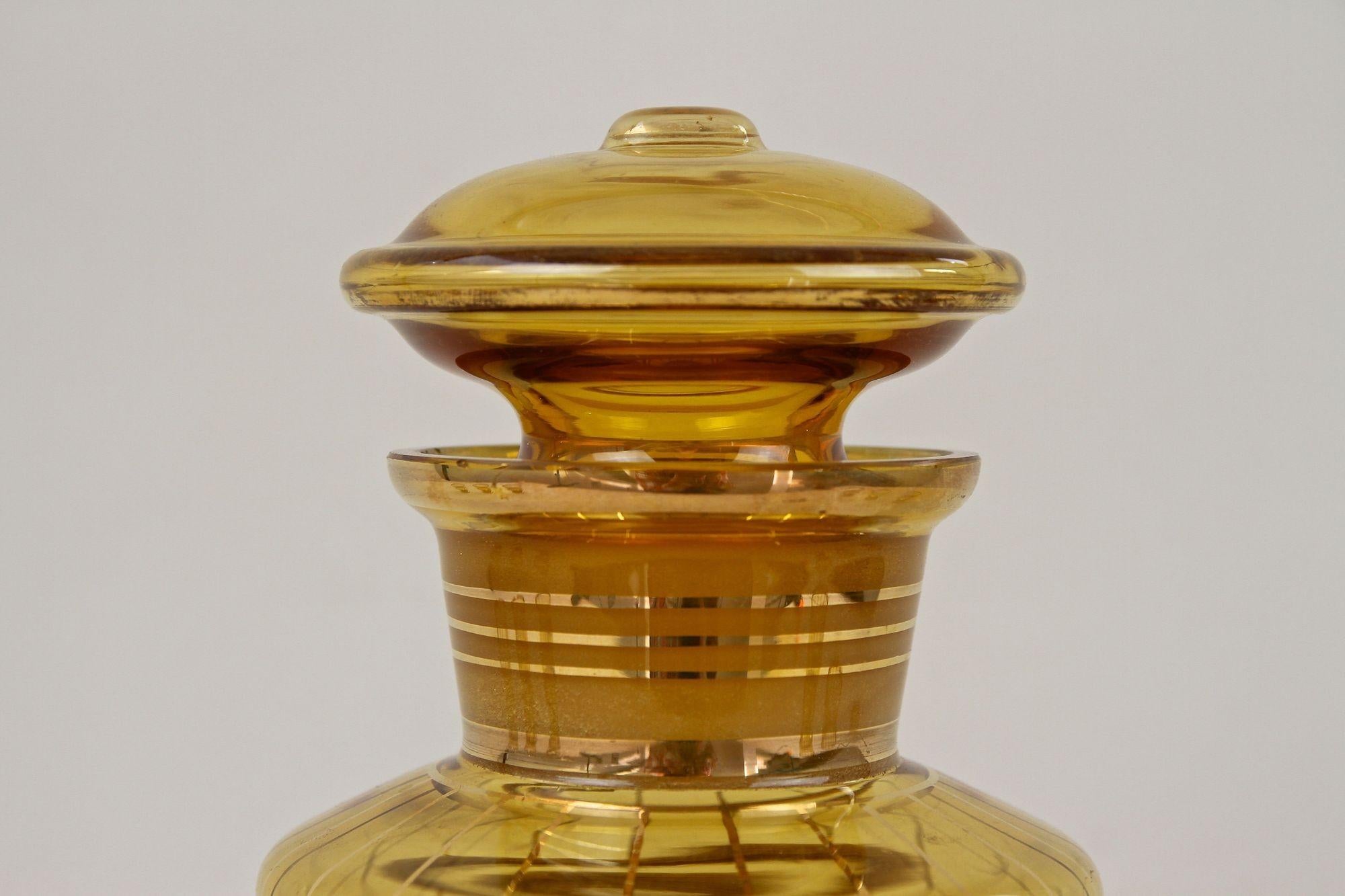 Gold Plate 20th Century Art Deco Glass Decanter Set, Amber Colored/ Gilt - CZ ca. 1920 For Sale