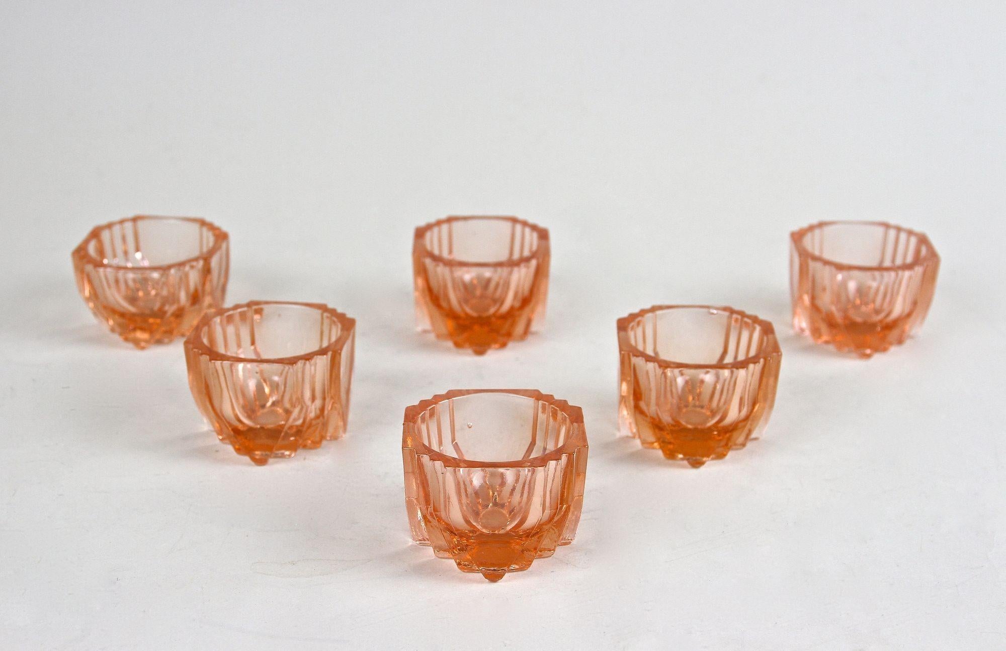 20th Century Art Deco Glass Decanter Set Of Seven, Coral Colored, AT ca. 1920 For Sale 9