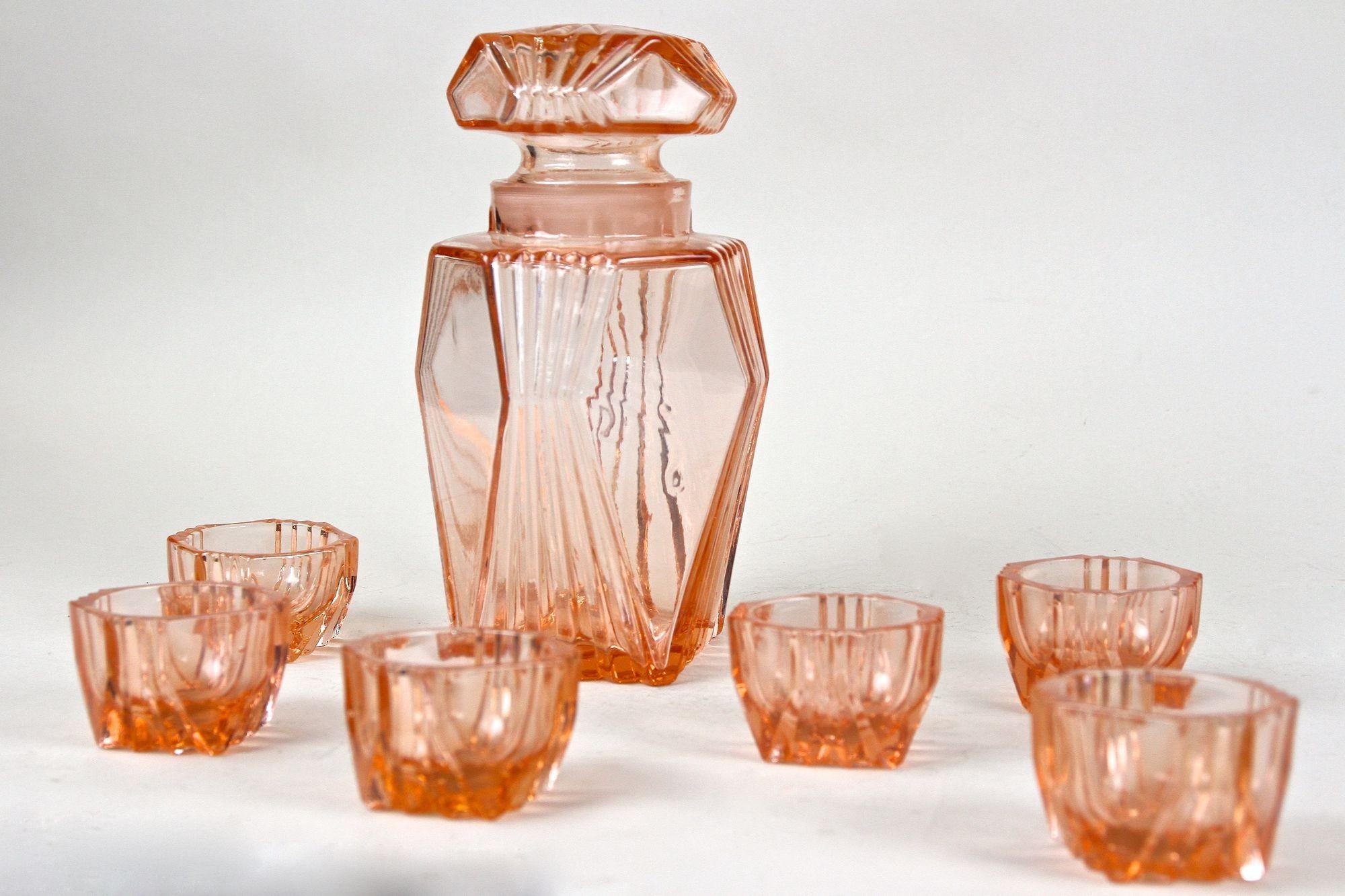 20th Century Art Deco Glass Decanter Set Of Seven, Coral Colored, AT ca. 1920 For Sale 15