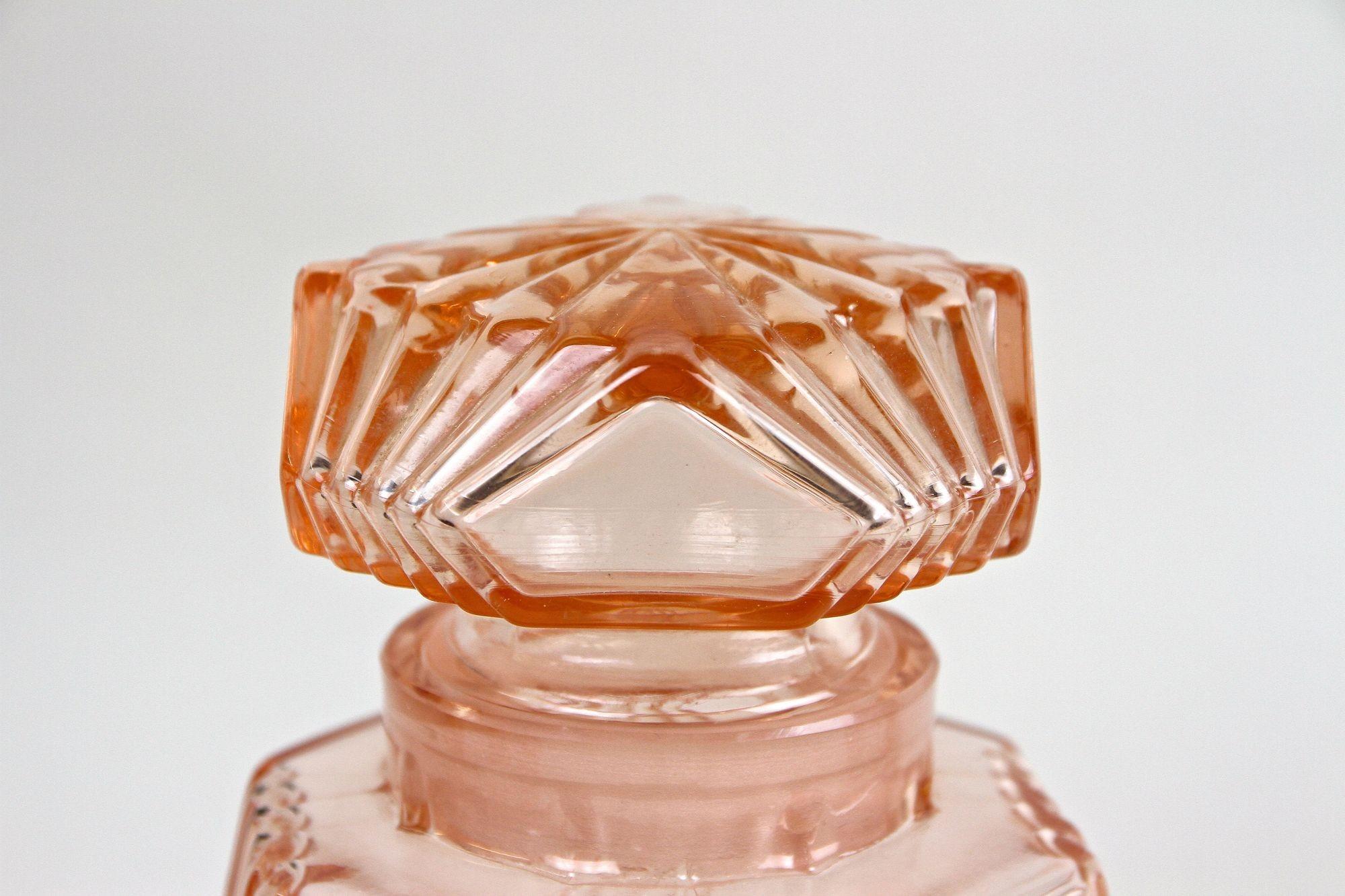 20th Century Art Deco Glass Decanter Set Of Seven, Coral Colored, AT ca. 1920 For Sale 3