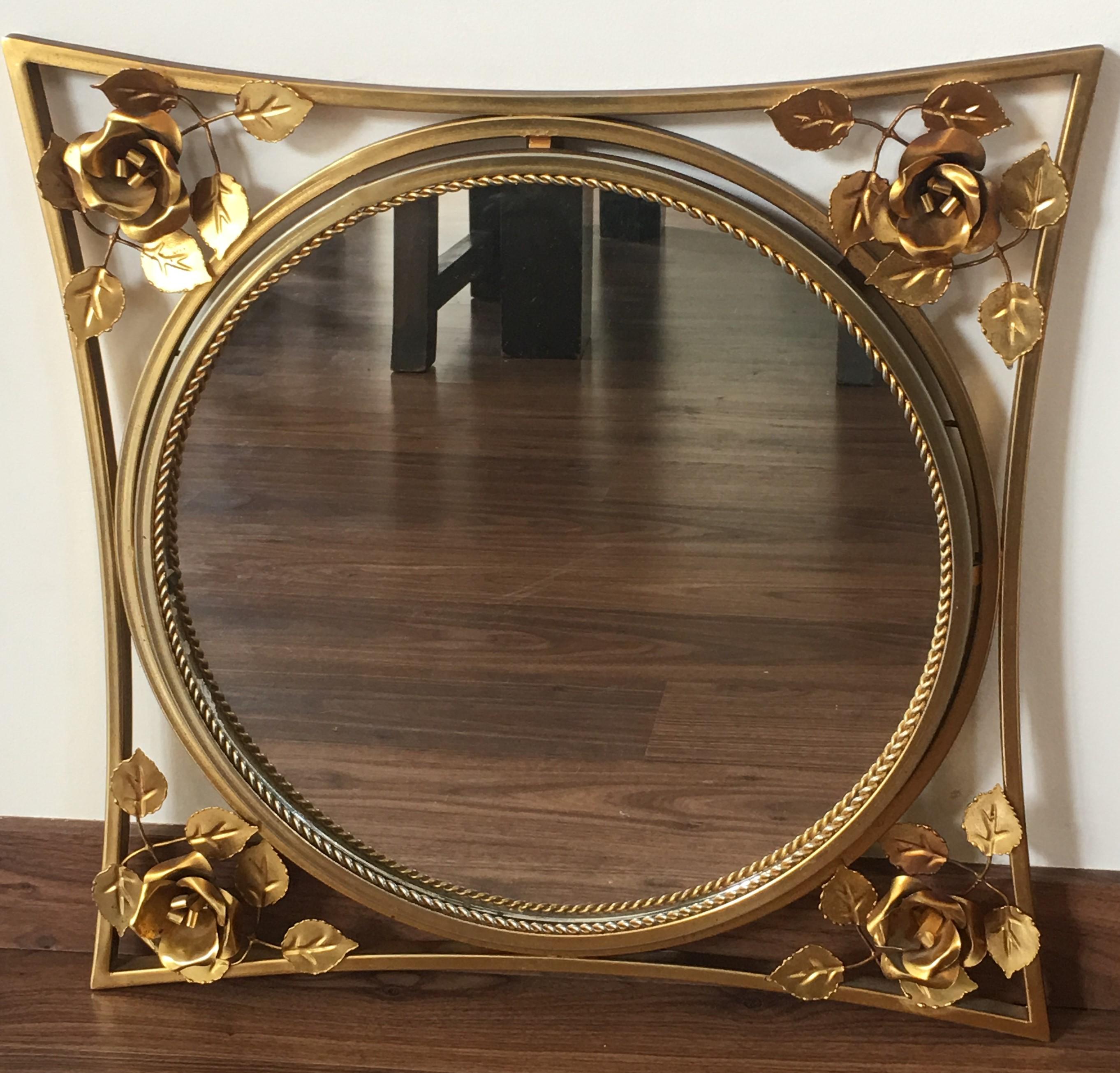 Art Deco 20th Century Art Decó Gold Gilt Metal Mirror with Beautiful Corners Fleurs For Sale