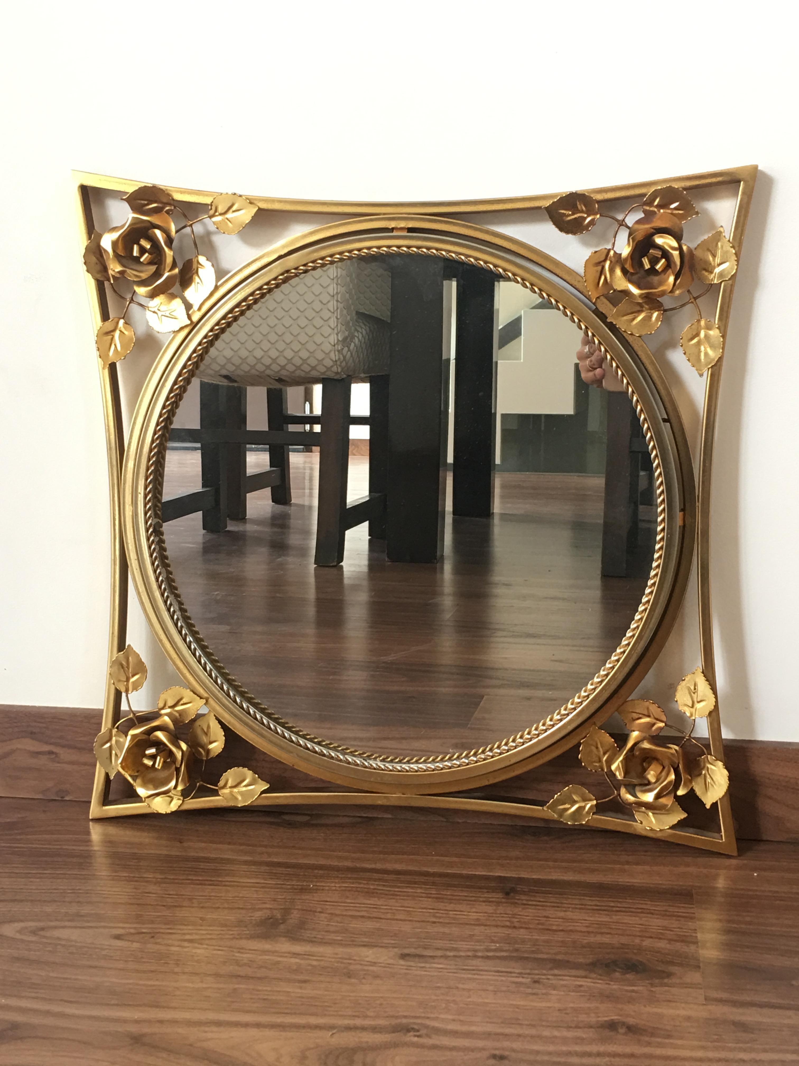 Art Deco 20th Century Art Decó Gold Gilt Metal Mirror with Beautiful Corners Fleurs