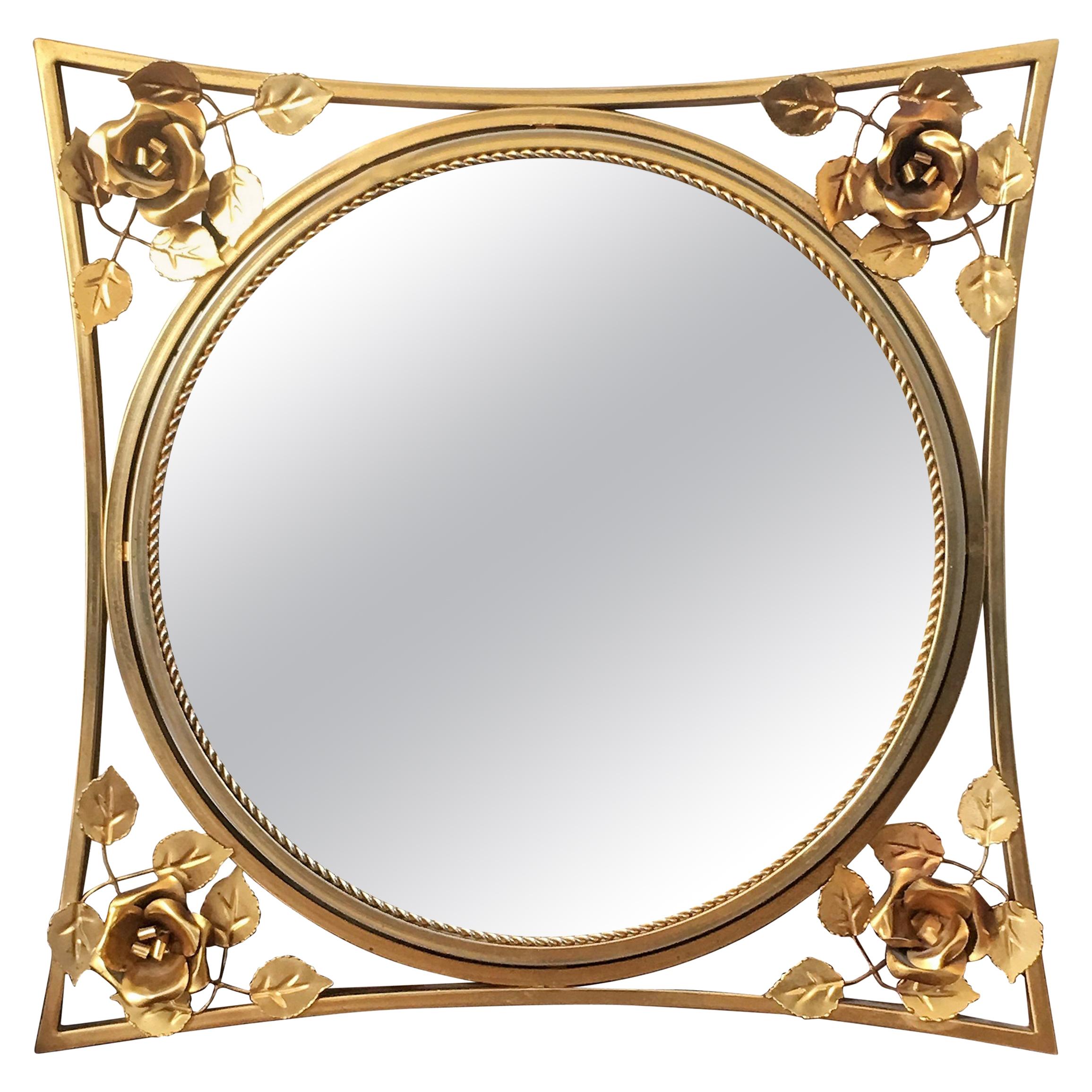 20th Century Art Decó Gold Gilt Metal Mirror with Beautiful Corners Fleurs