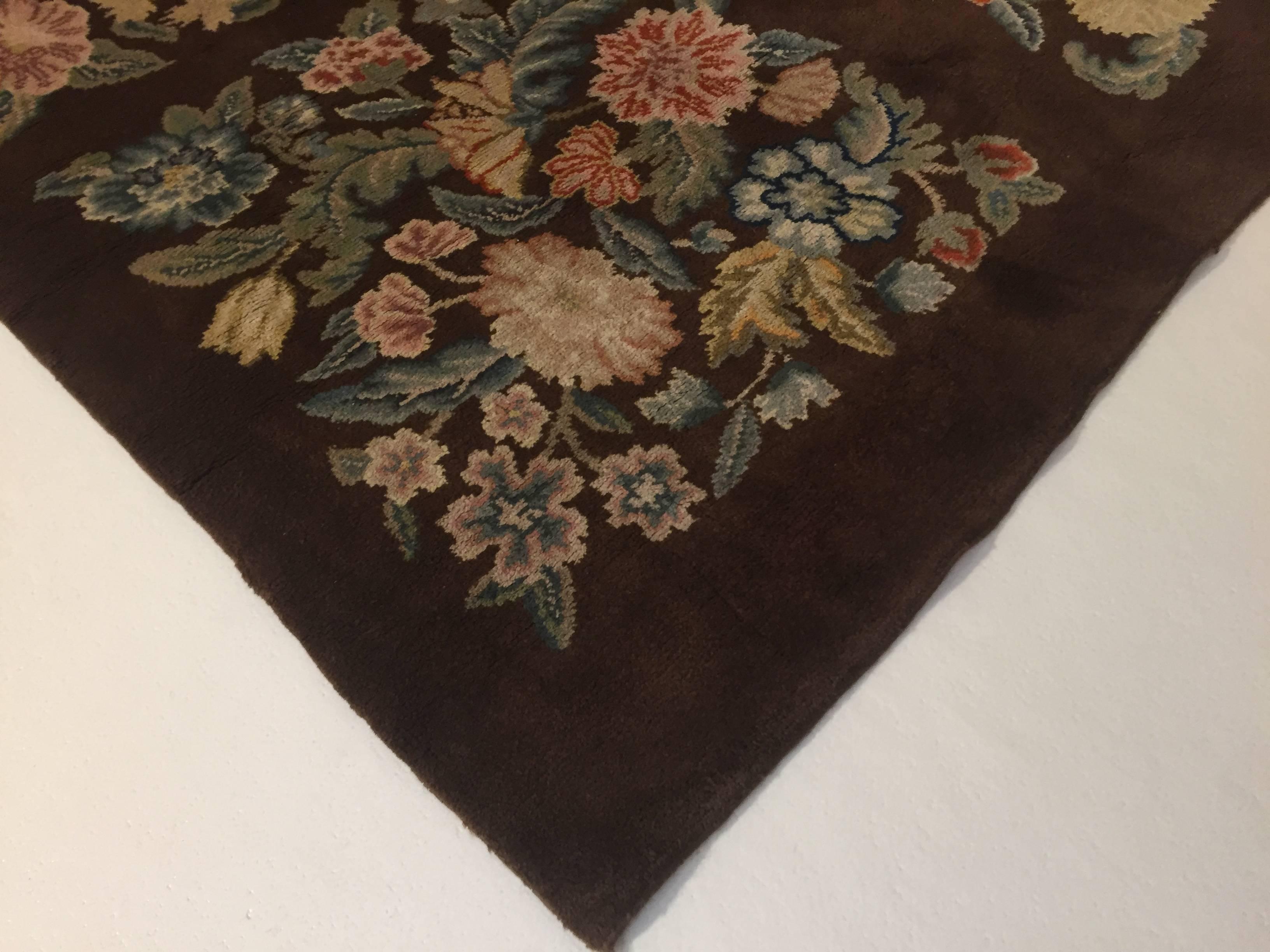 20th Century Art Deco Hand-Knotted Savonerie Square Rug Wool Brown Floral For Sale 8