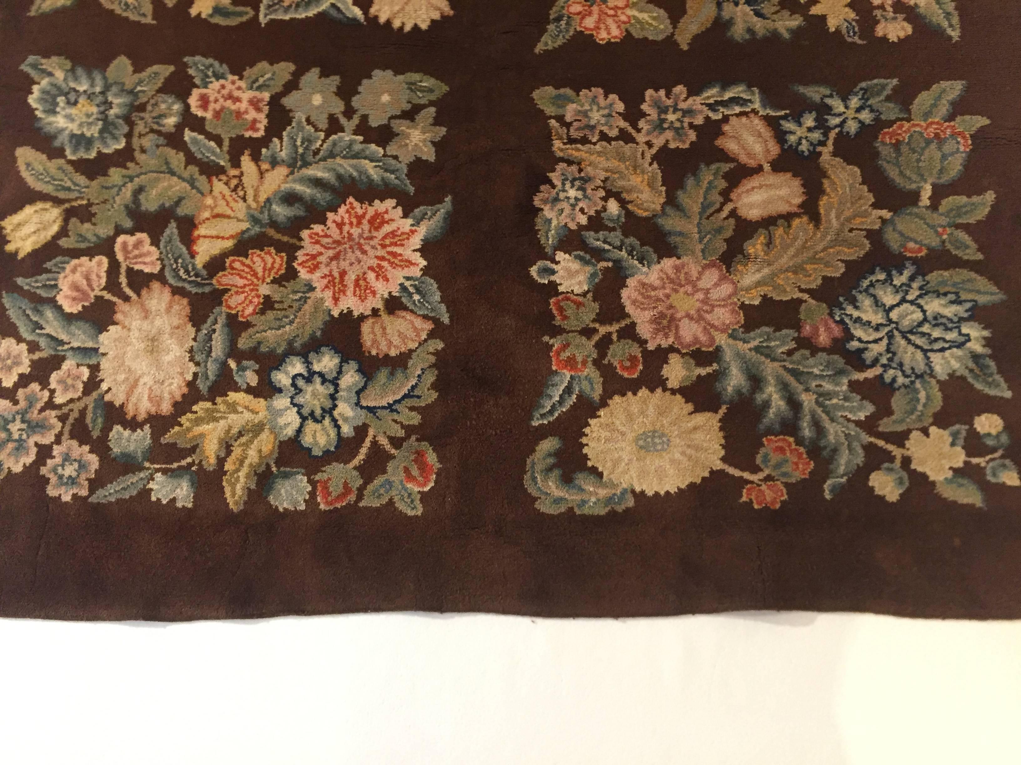 20th Century Art Deco Hand-Knotted Savonerie Square Rug Wool Brown Floral For Sale 9