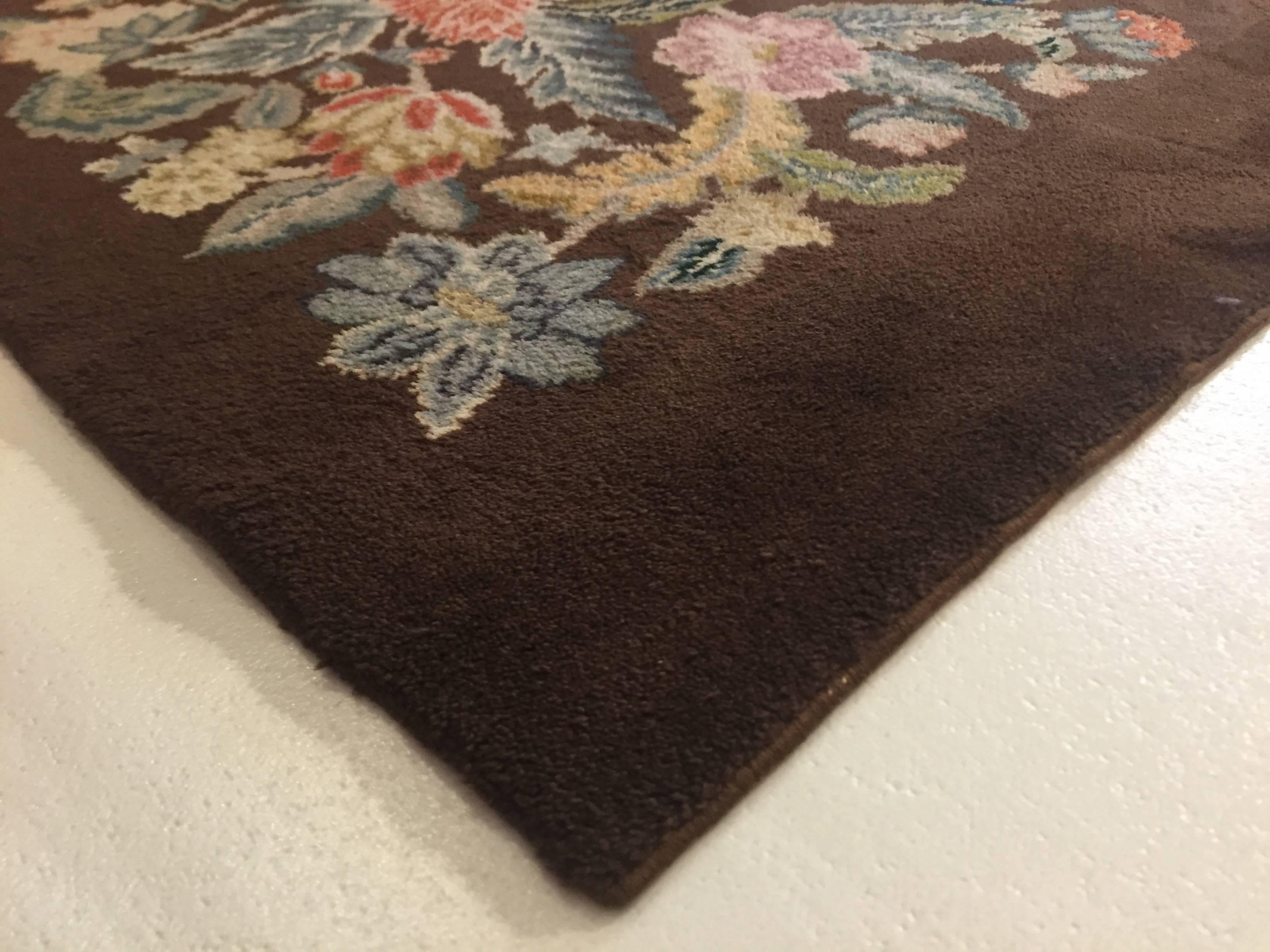 European 20th Century Art Deco Hand-Knotted Savonerie Square Rug Wool Brown Floral For Sale