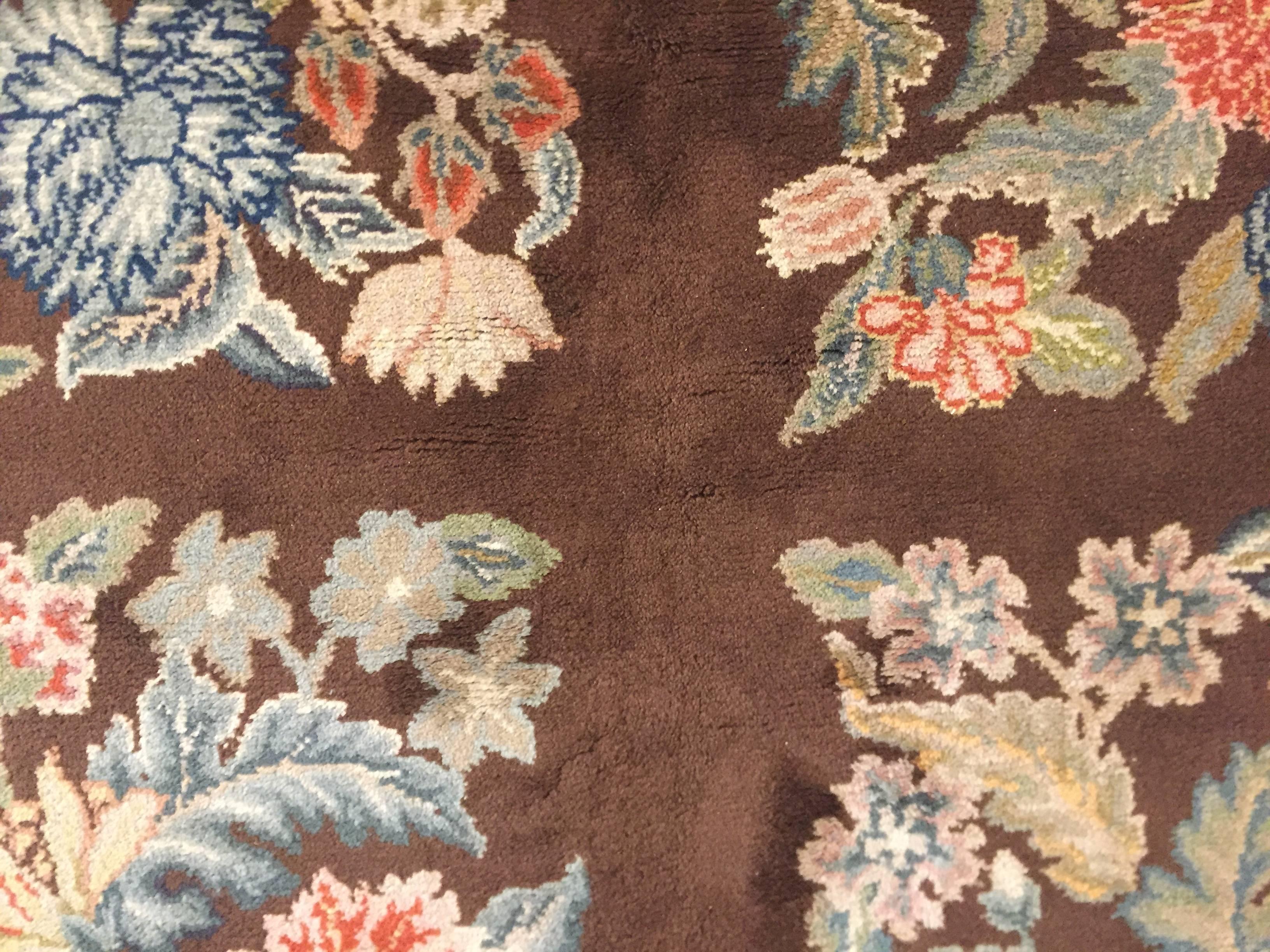 20th Century Art Deco Hand-Knotted Savonerie Square Rug Wool Brown Floral For Sale 2