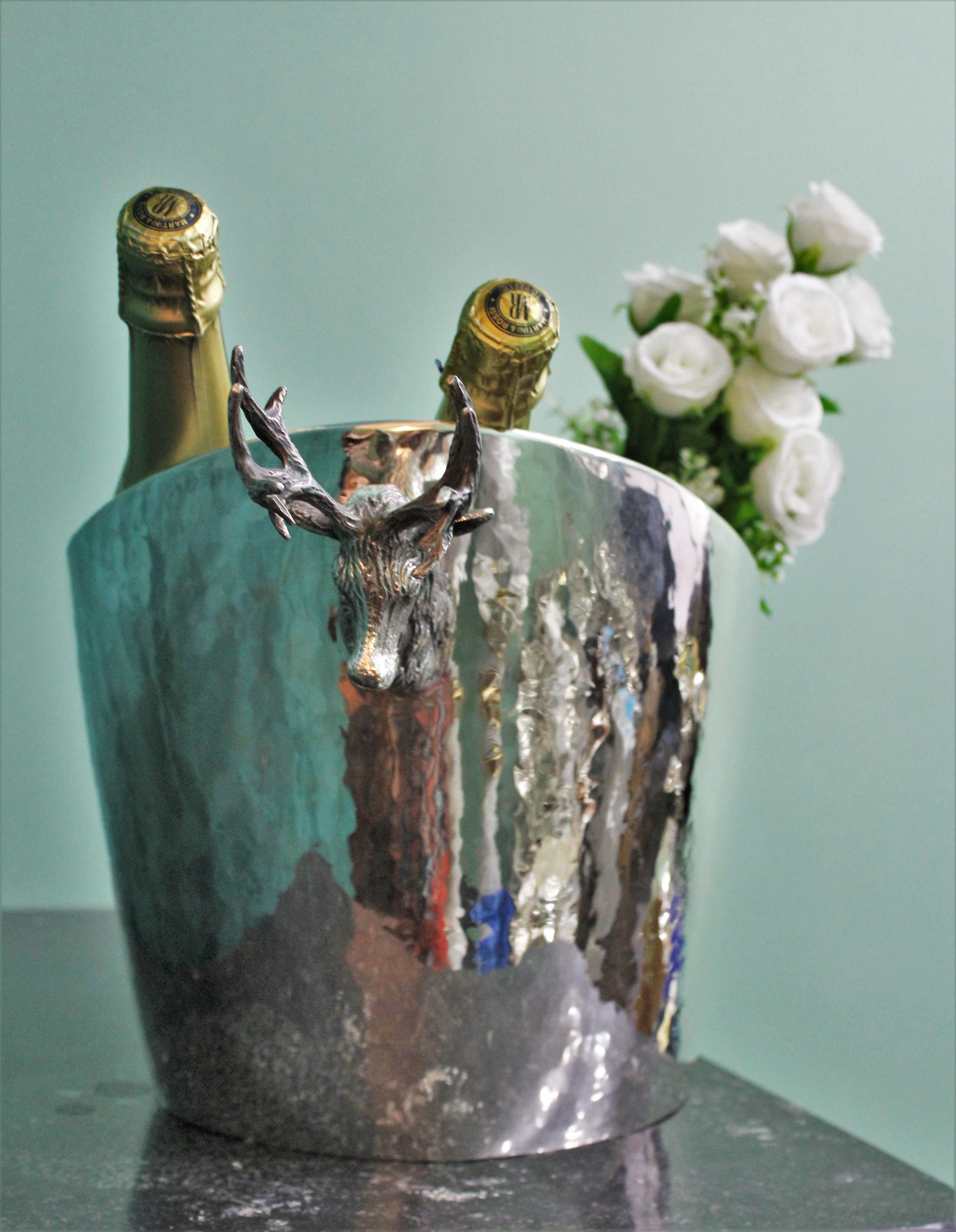 20th Century Art Deco Italian Hammered Cast Silver Deer Heads Wine Cooler, 1930s For Sale 7