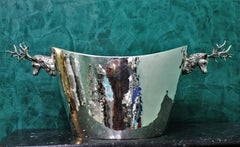 20th Century Art Deco Italian Hammered Cast Silver Deer Heads Wine Cooler, 1930s