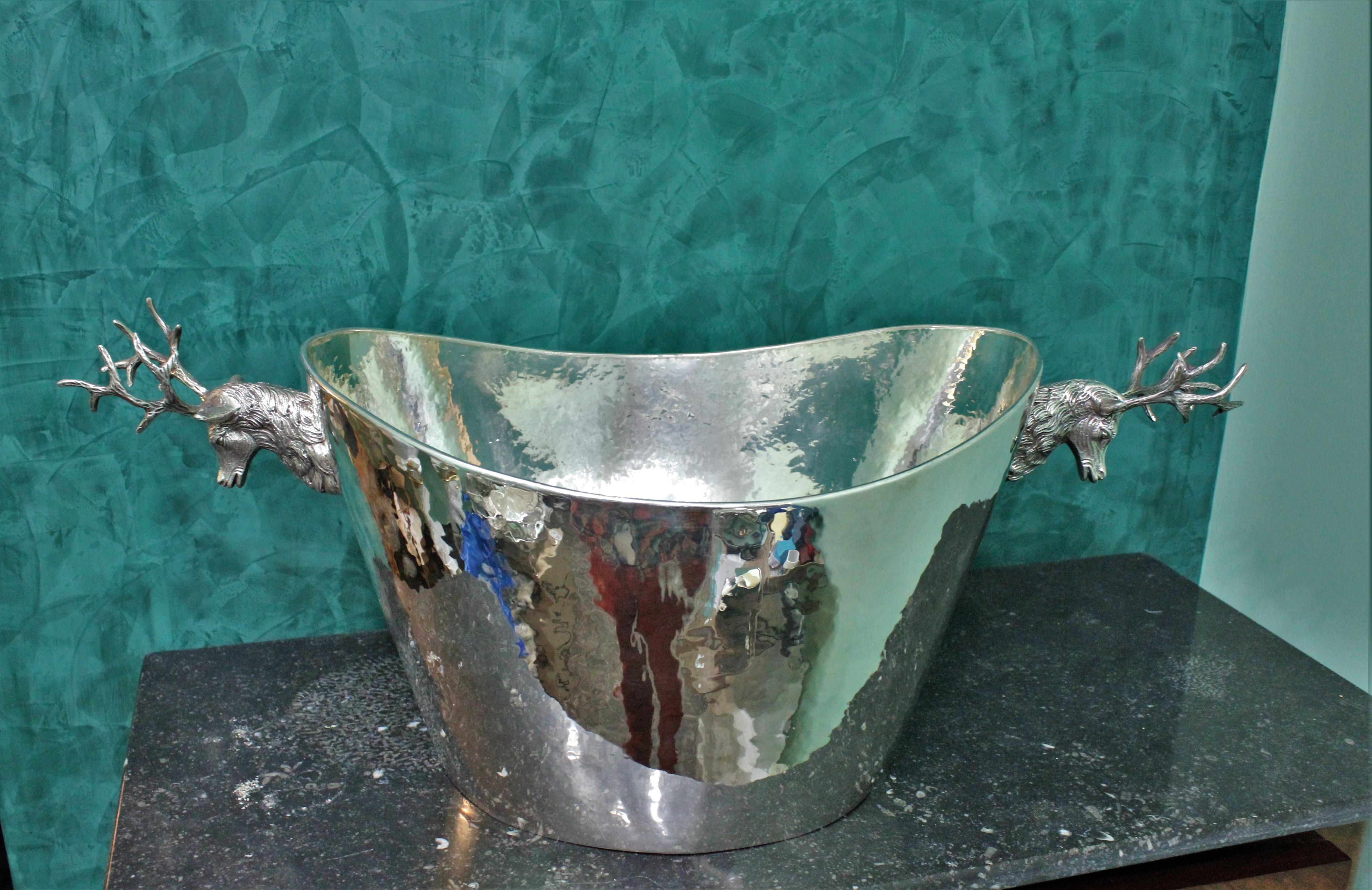 Mid-20th Century 20th Century Art Deco Italian Hammered Cast Silver Deer Heads Wine Cooler, 1930s For Sale