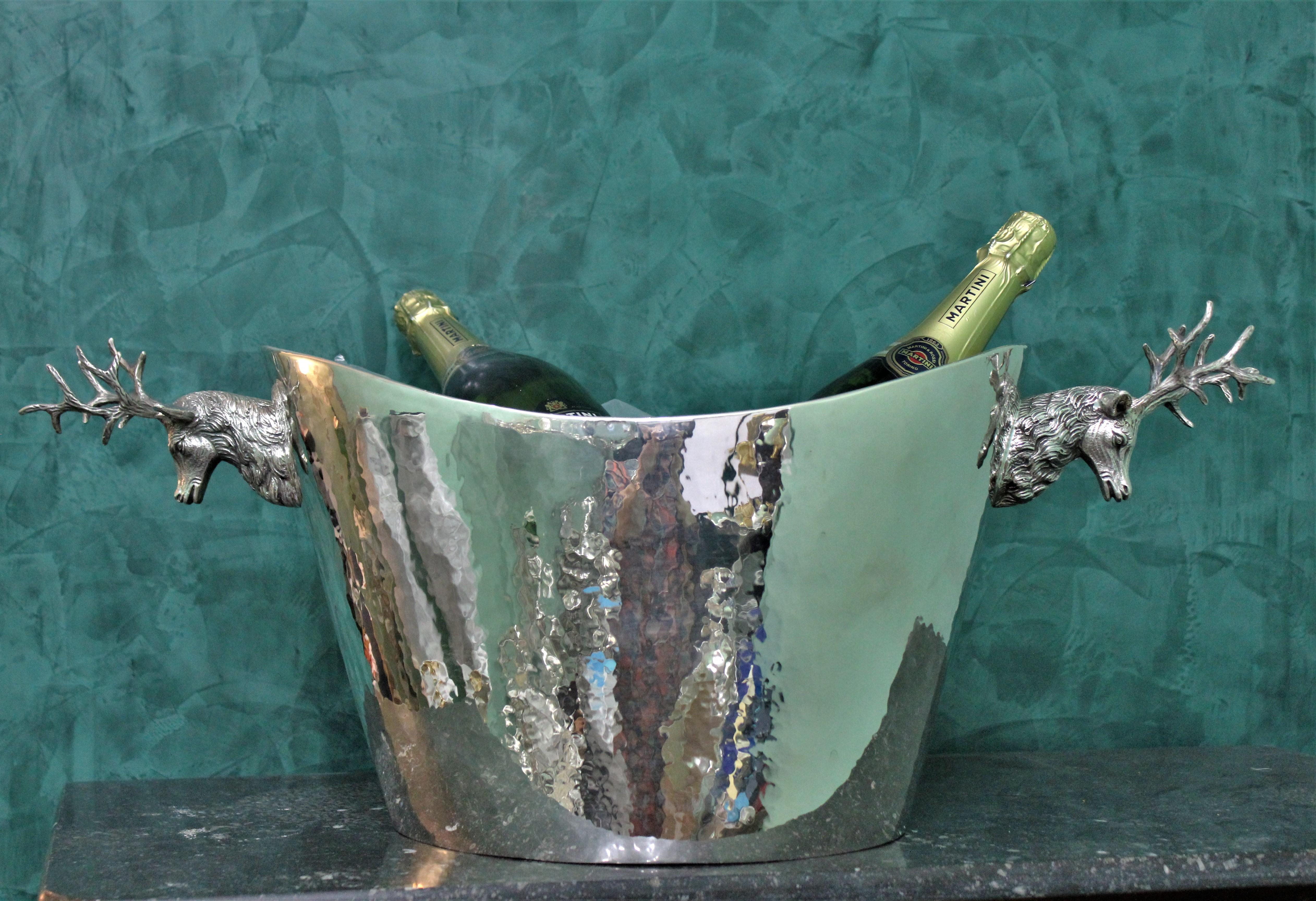 20th Century Art Deco Italian Hammered Cast Silver Deer Heads Wine Cooler, 1930s For Sale 3