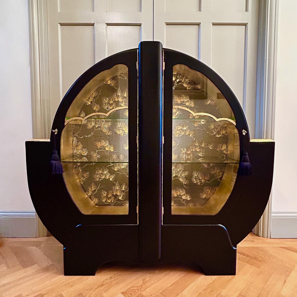 Glass 20th Century Art Deco Japanese Style Pinewood Circular Cocktail Cabinet