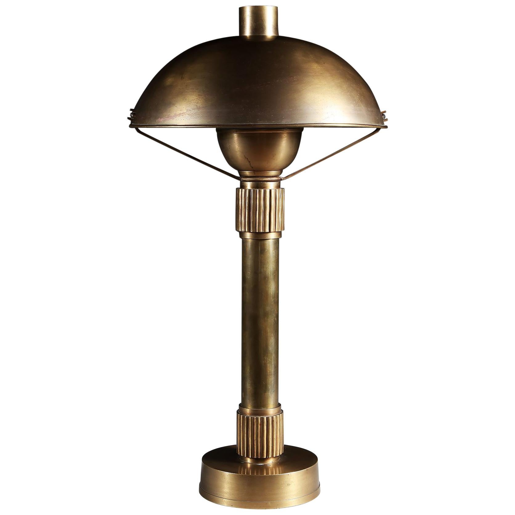 20th Century Art Deco Metal Brass Lamp with Brass Shade Attributed to Perzel