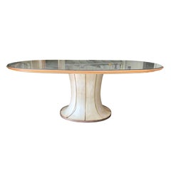 20th Century Art Deco Oval Parchment Covered Pedestal Dining Table