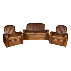 Used 20th Century Art Deco Pair of Leather Tub Chairs and Sofa, circa 1920