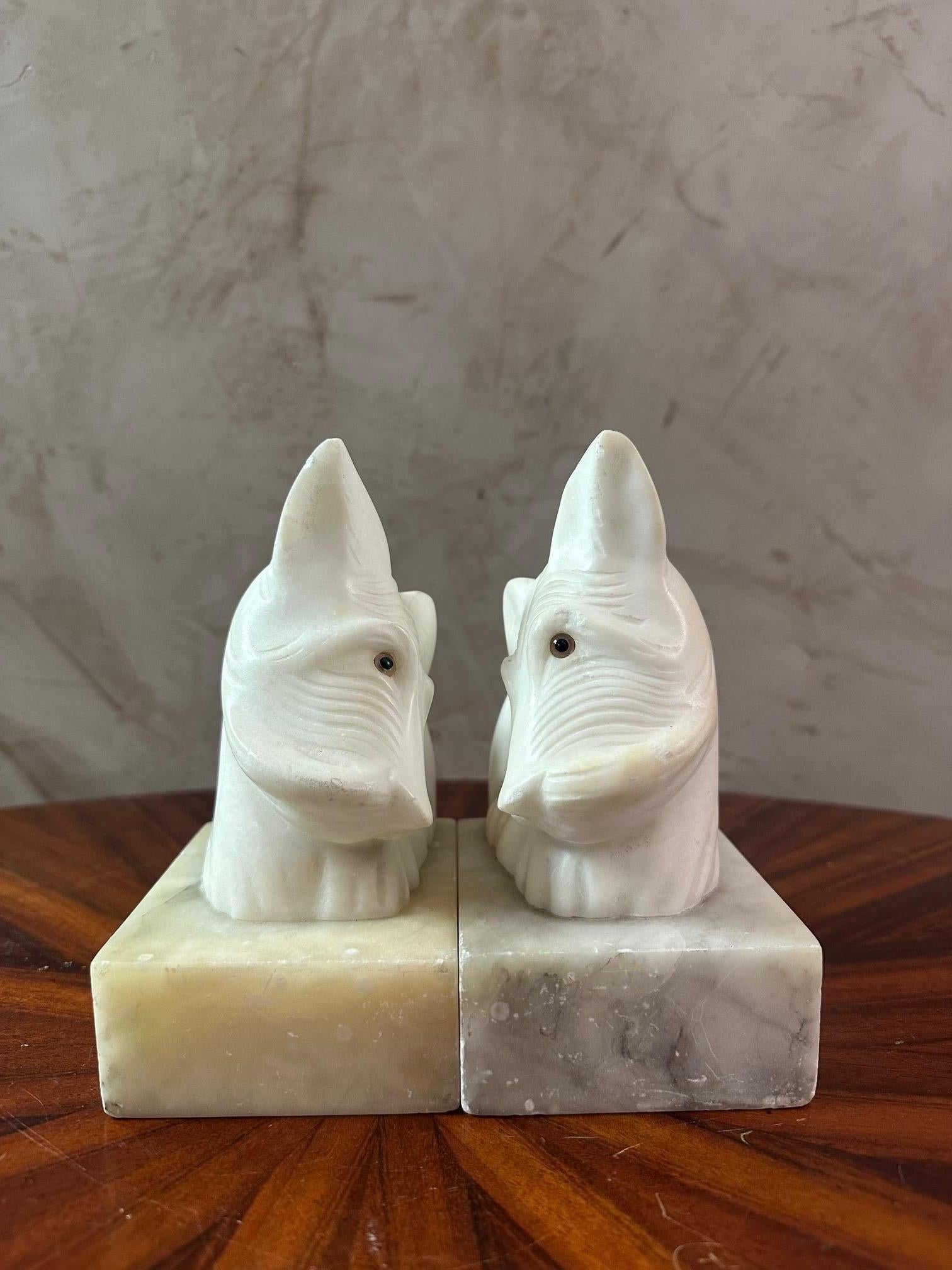 French 20th century Art deco Period Pair of Alabaster Dog Bookends For Sale
