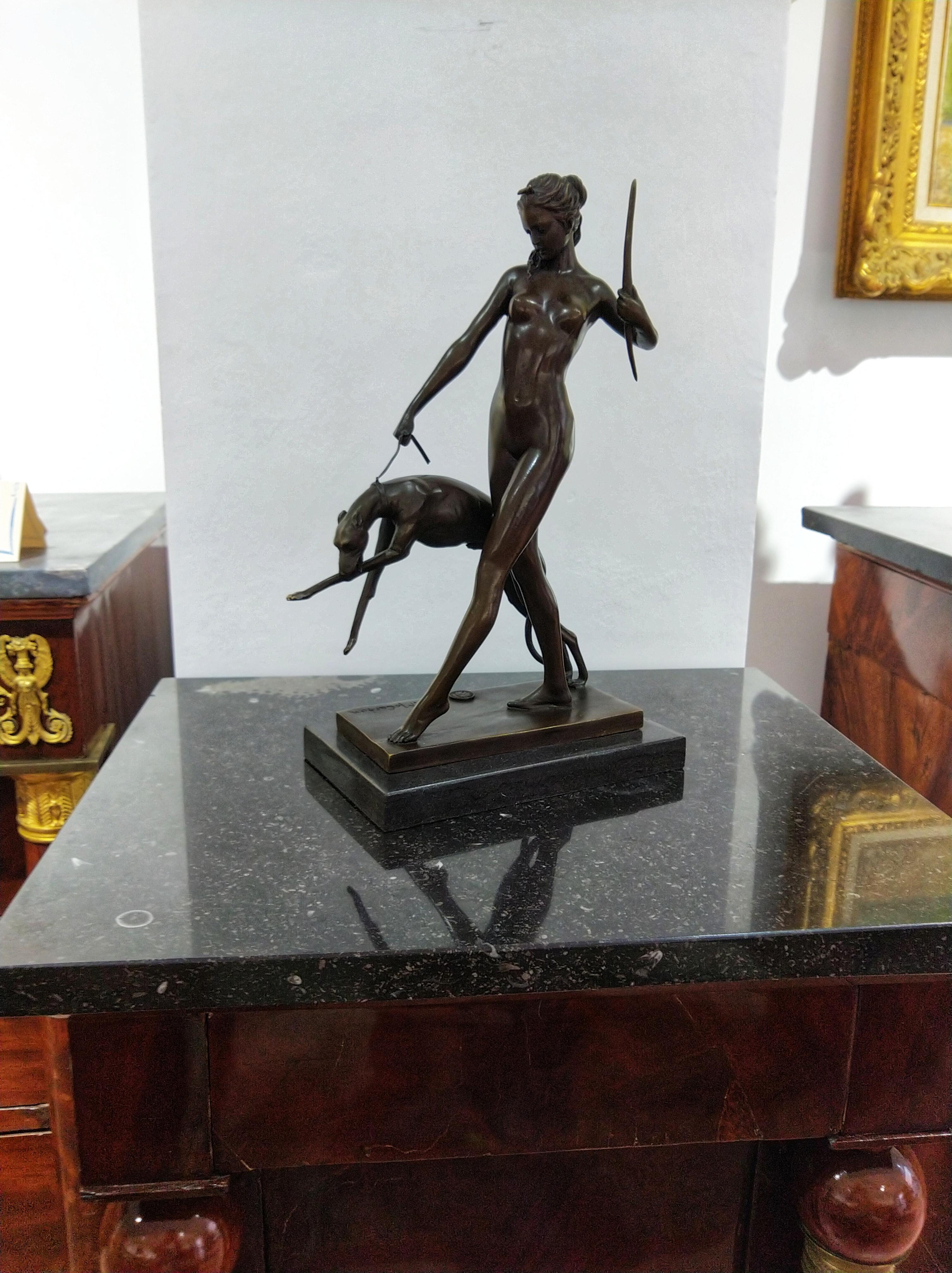 20th Century Art Deco Sculpture Figure Plum Bronze Diana Goddess of Hunting For Sale 2