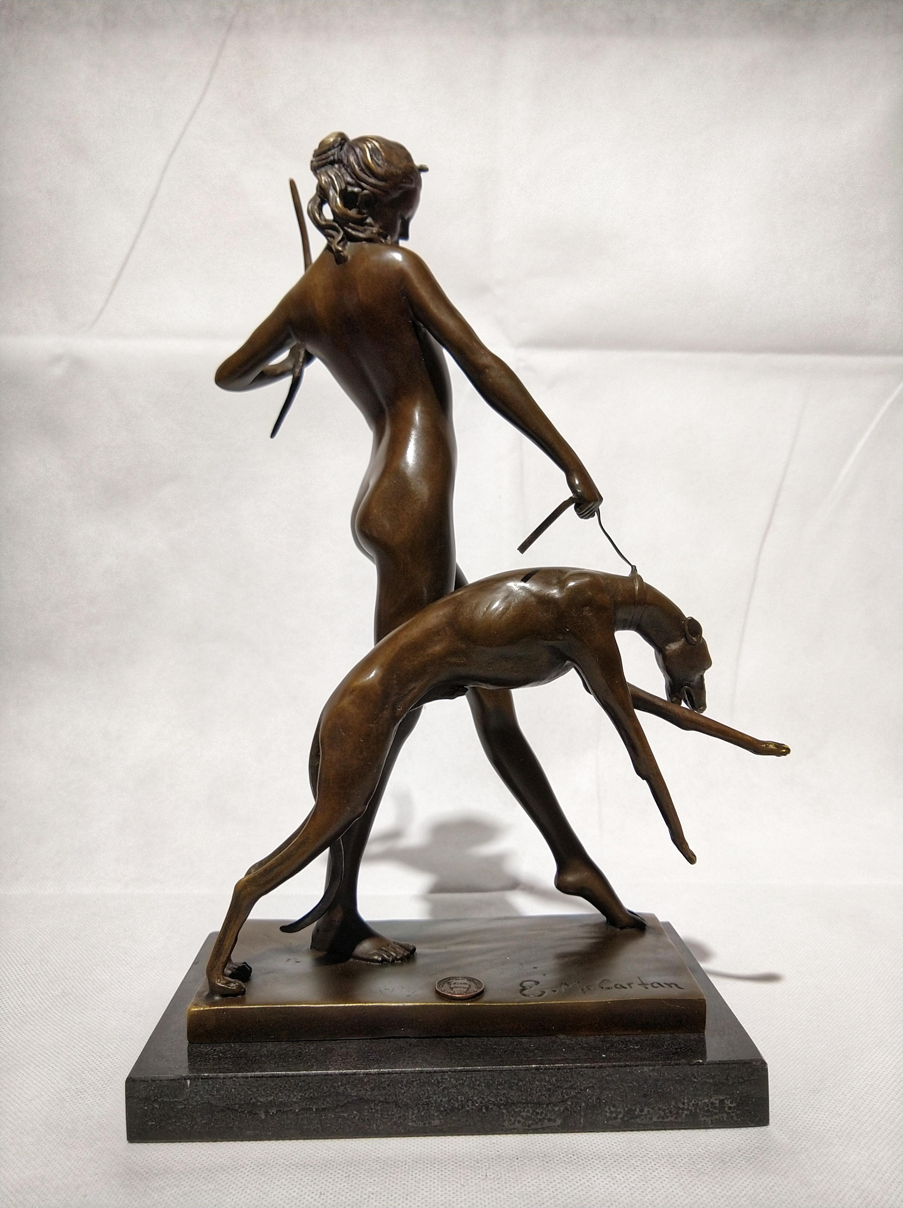 Patinated 20th Century Art Deco Sculpture Figure Plum Bronze Diana Goddess of Hunting For Sale