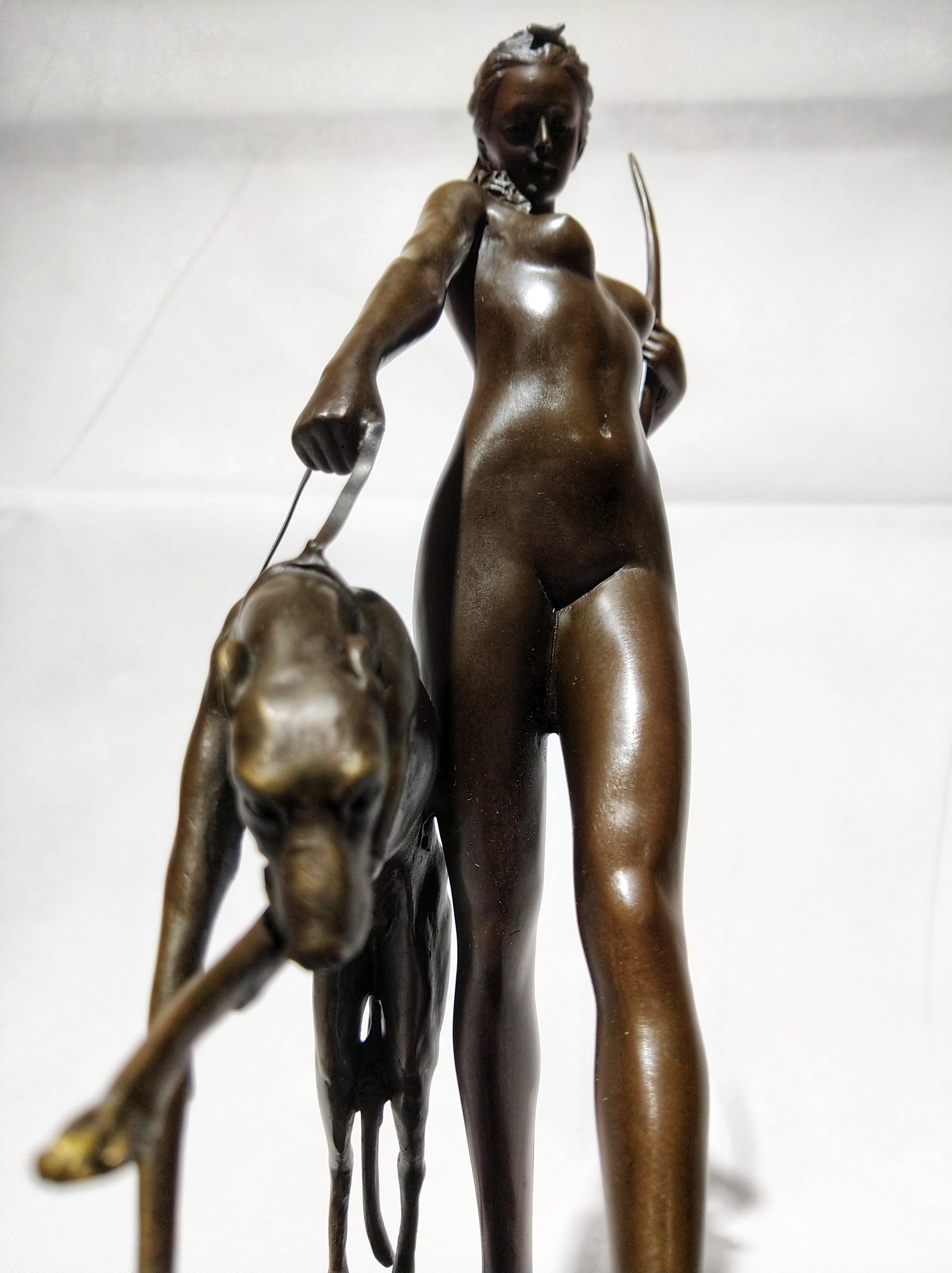 Belgian Black Marble 20th Century Art Deco Sculpture Figure Plum Bronze Diana Goddess of Hunting For Sale