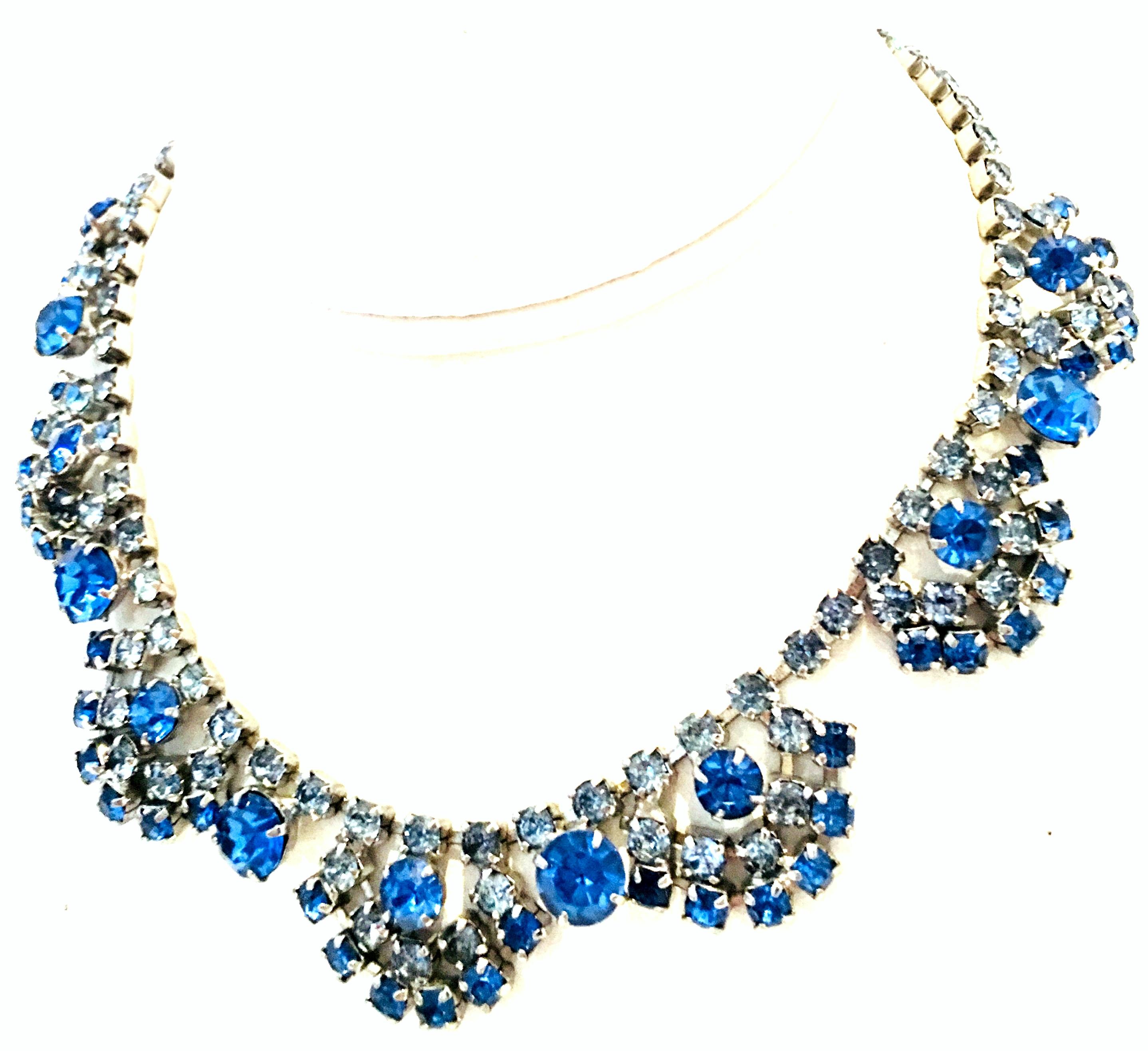 20th Century Art Deco Silver & Austrian Blue Sapphire Crystal Choker Necklace. Features silver pot metal and seven 1