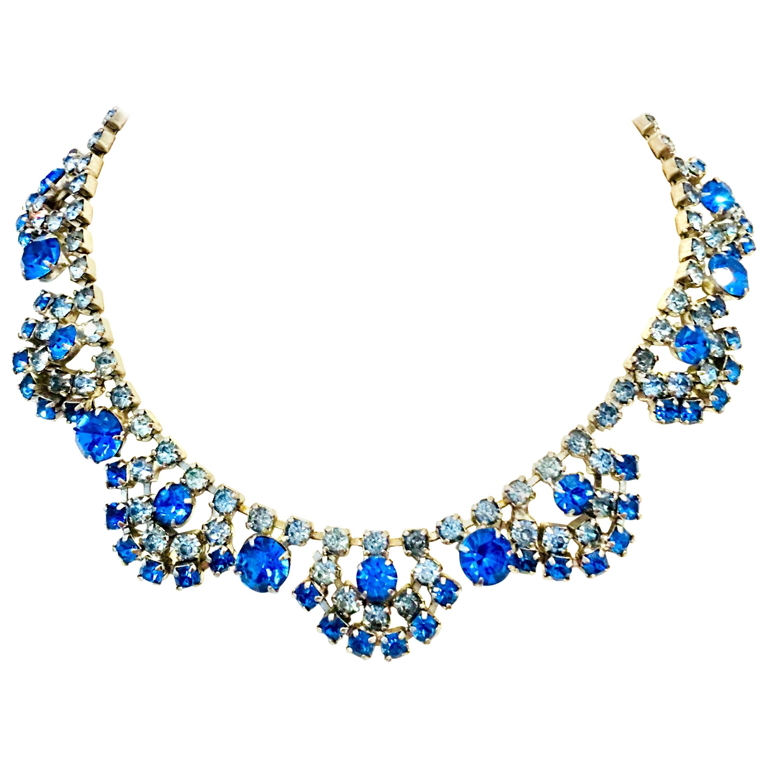 20th Century Art Deco Silver & Austrian Blue Sapphire Crystal Choker Necklace For Sale