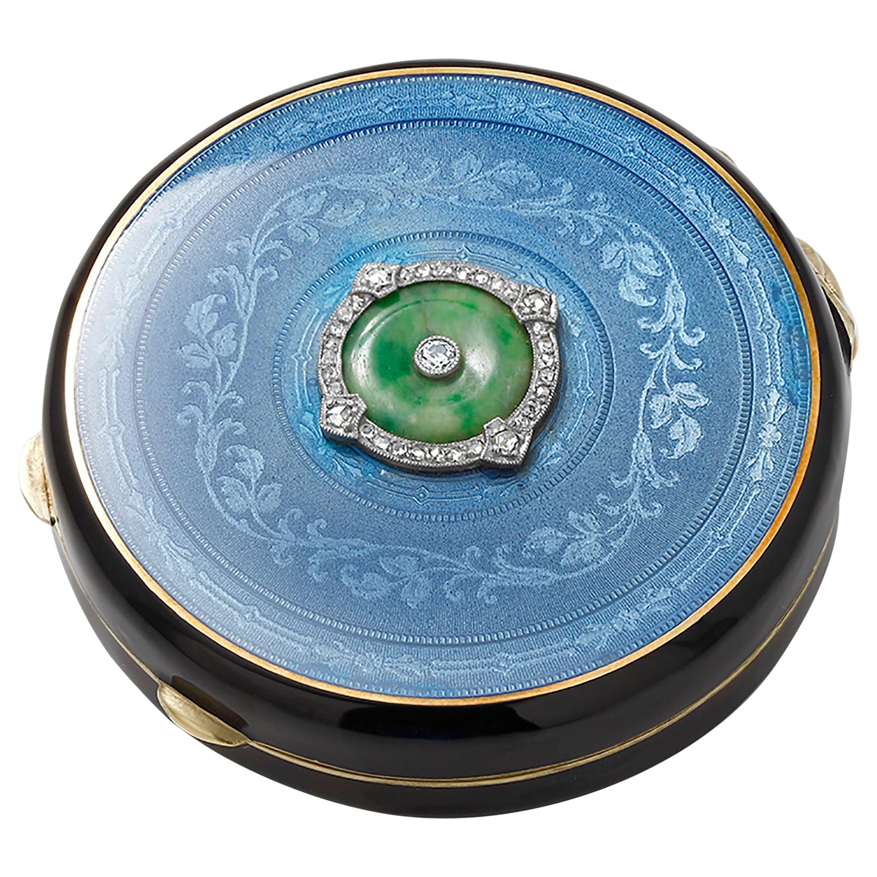 20th Century Art Deco Silver Enamel Diamond and Jade Compact