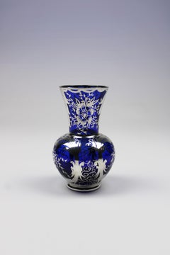 20th Century Art Deco Silver overlay Cobalt blue Vase Floral decoration Italy