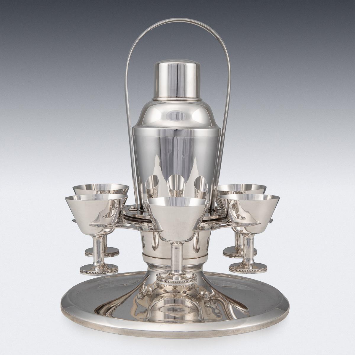 Swedish 20th Century Art Deco Silver Plated Cocktail Shaker & Glasses On Stand, c.1930