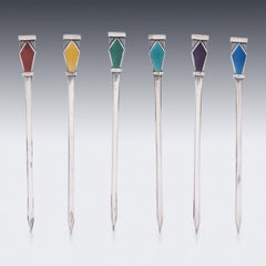 20th Century Art Deco Solid Silver 6 Cased Cocktail Picks, Birmingham, c.1934