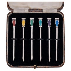 Vintage 20th Century Art Deco Solid Silver 6 Cased Cocktail Picks, Birmingham, c.1934