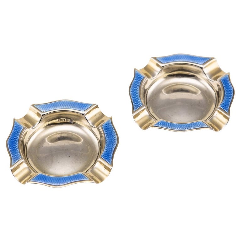 20th Century Art Deco Solid Silver and Guilloche Enamel Ashtrays, C