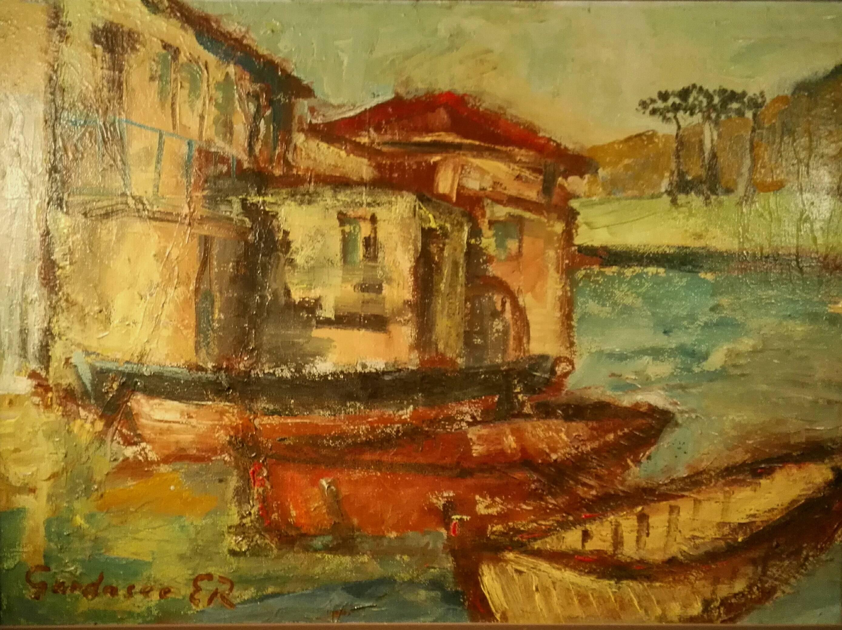 This oil painting was created in wonderful Mediterranean colors in thick cardboard. A rare nur appealing perspective of Lake Garda with fishing boats in the foreground! There is a certain warmth and depth in the rather modern and abstract way of