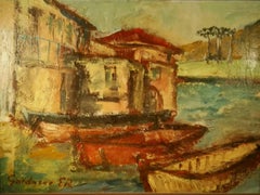 20th Century Art Deco Style Oil on Board Painting Titled Gardasee Monogram ER