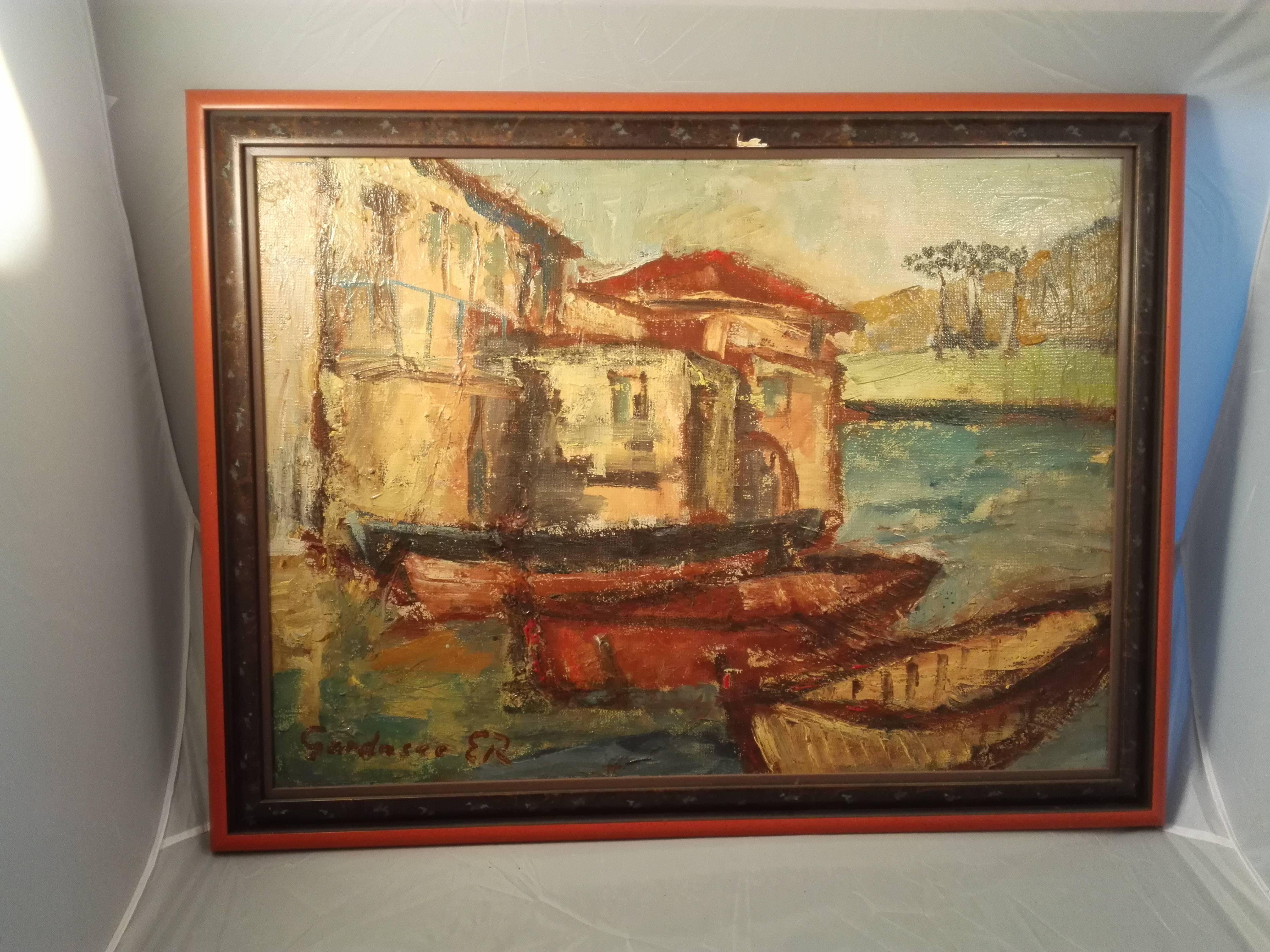 German 20th Century Art Deco Style Oil on Board Painting Titled Gardasee Monogram ER For Sale