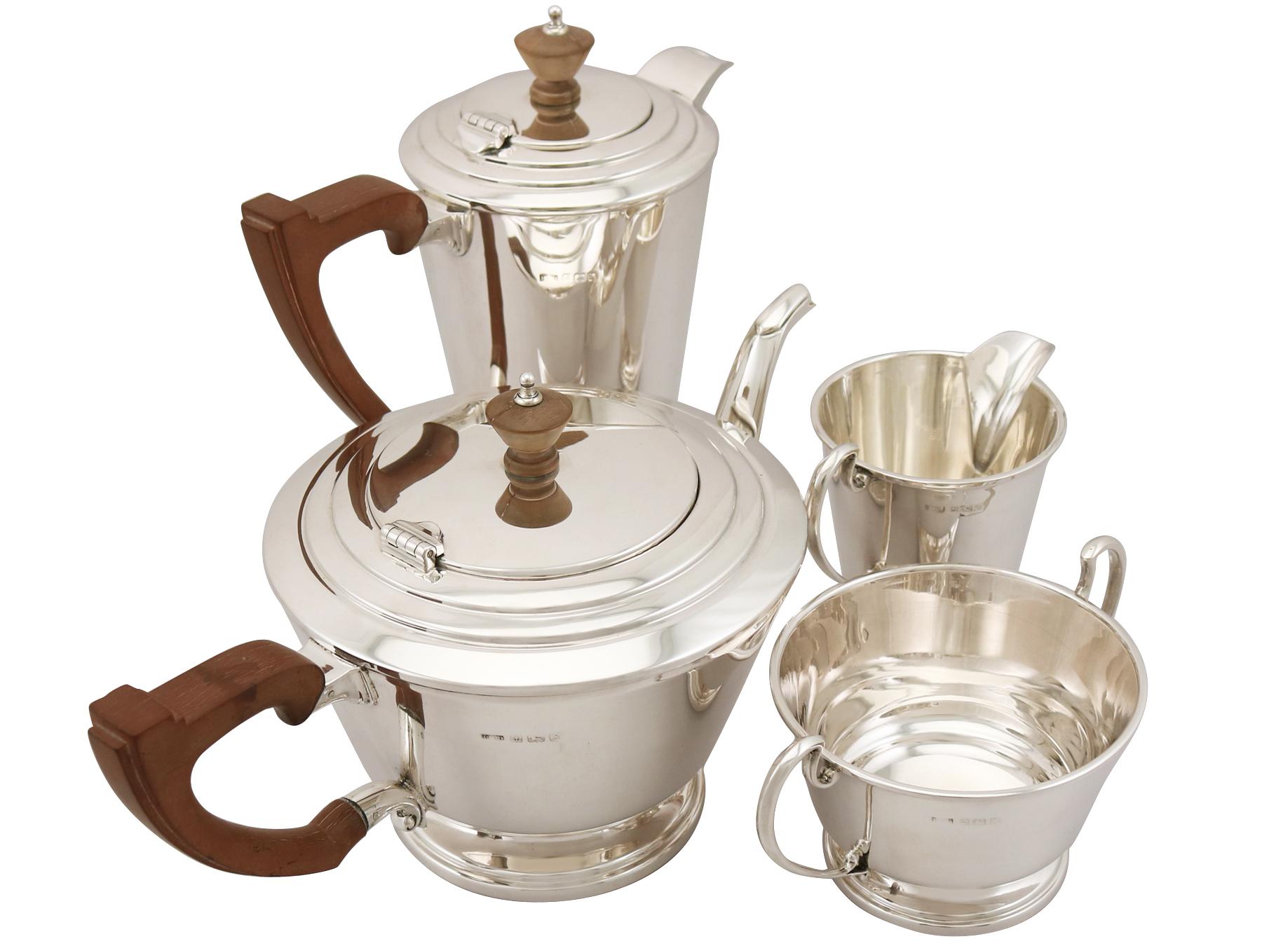 A fine and impressive vintage George VI English sterling silver four piece tea and coffee service in the Art Deco style; an addition to our teaware collection.

This fine vintage George VI sterling silver four piece tea and coffee service/set