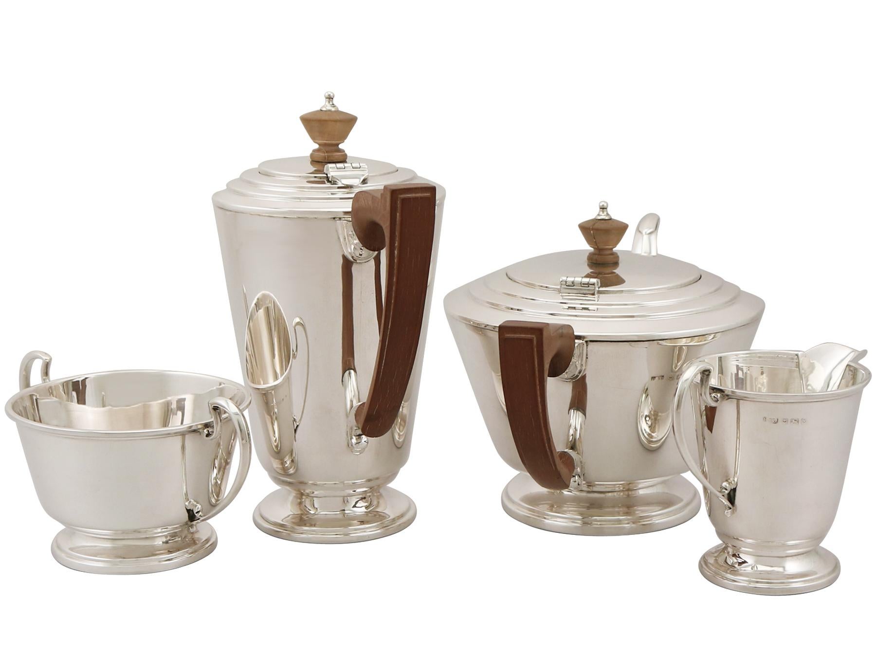 English 20th Century Art Deco Style Sterling Silver Four-Piece Tea and Coffee Service