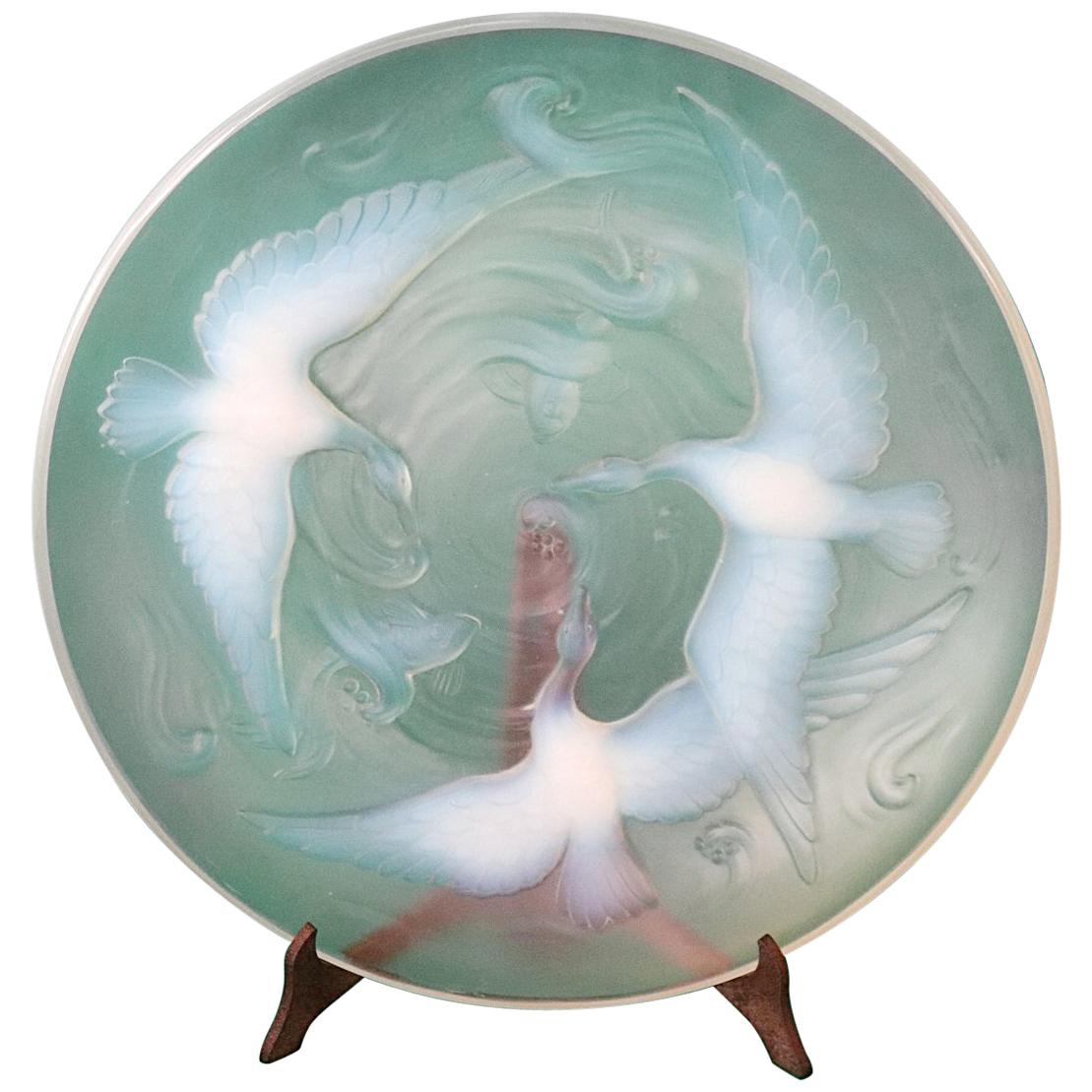 20th Century Art Deco Verlys Glass French Plate in Transparent Color with Birds