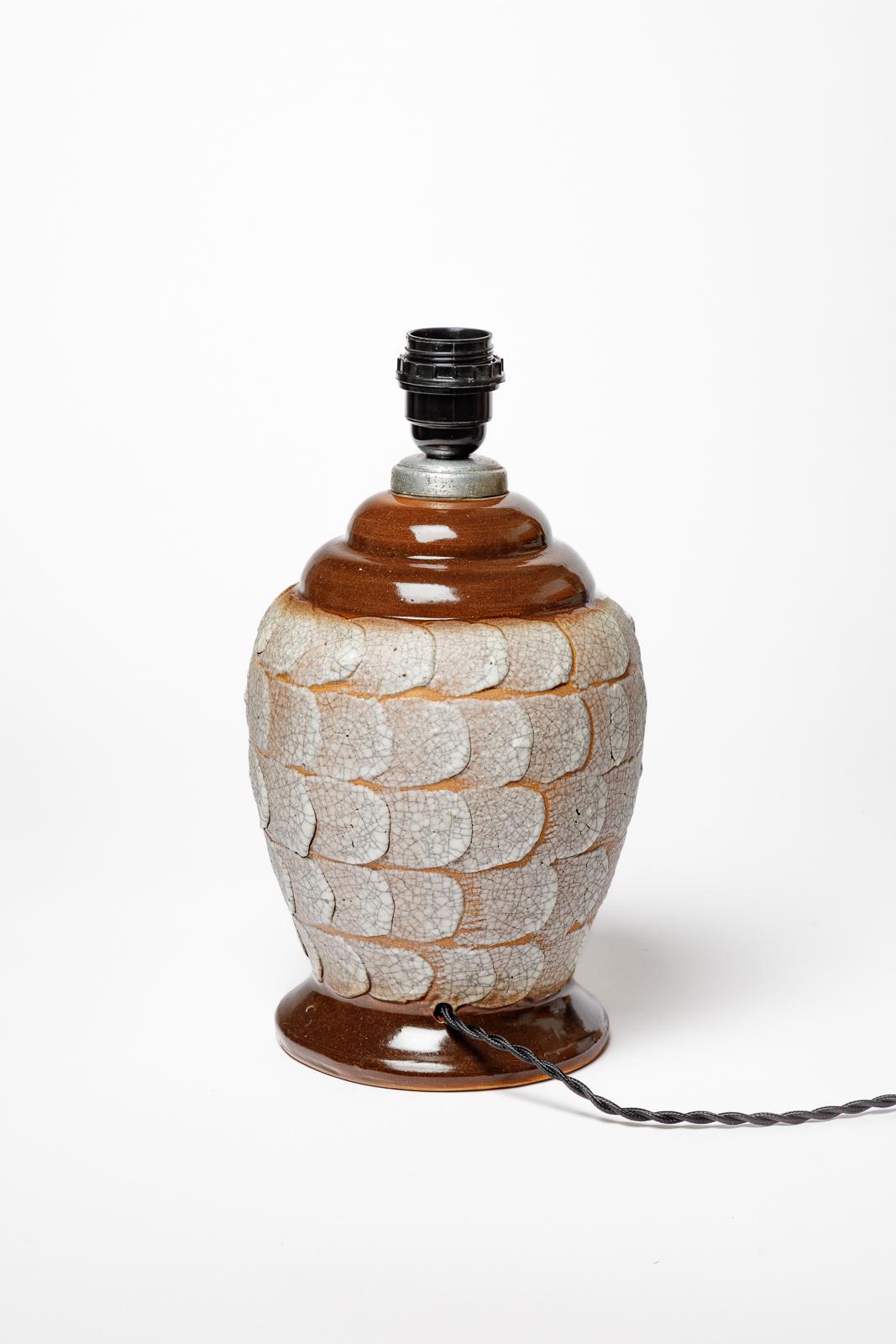 20th century art deco white and brown ceramic table lamp by Louis Dage 1940 For Sale 1