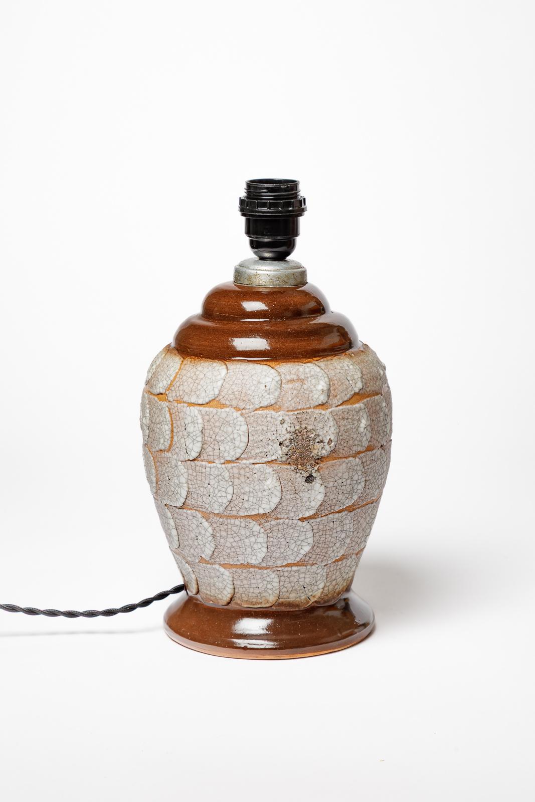 20th century art deco white and brown ceramic table lamp by Louis Dage 1940 For Sale 2
