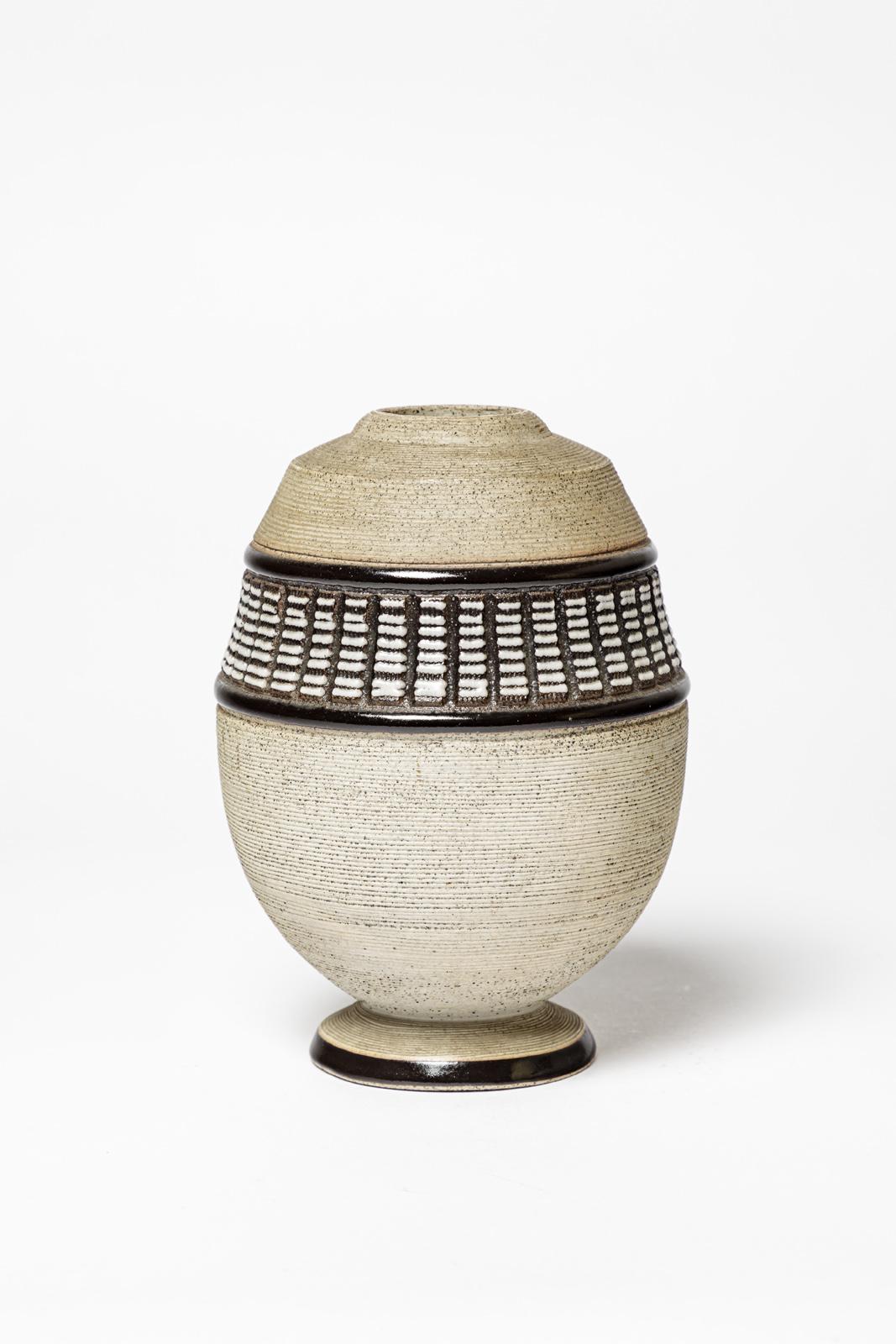 French 20th century art deco white and grey ceramic vase by Lucien Brisdoux 1940 For Sale