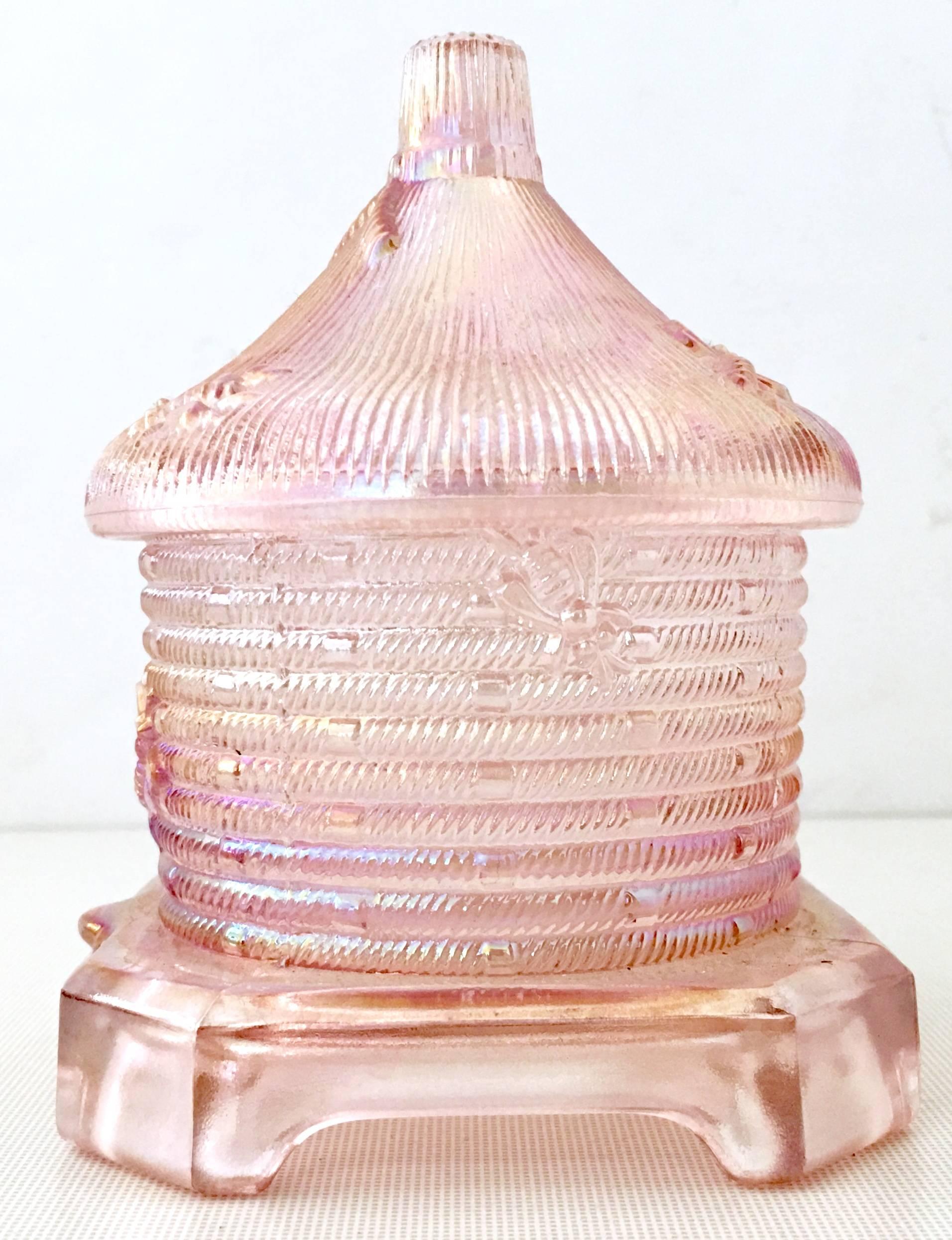 1970'S Pink iridescent art glass lidded 