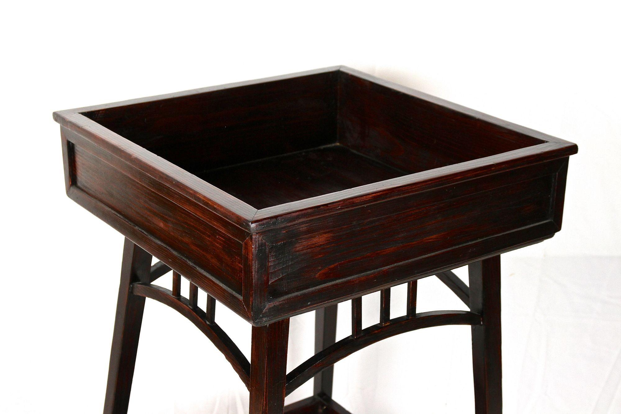Unusual early 20th Century Art Nouveau flower tub out of Austria from the period around 1905. Made of beechwood and trimmed to a dark mahogany style, this amazing looking pedestal/ flower tub is an absolute eyecatcher. With a large 