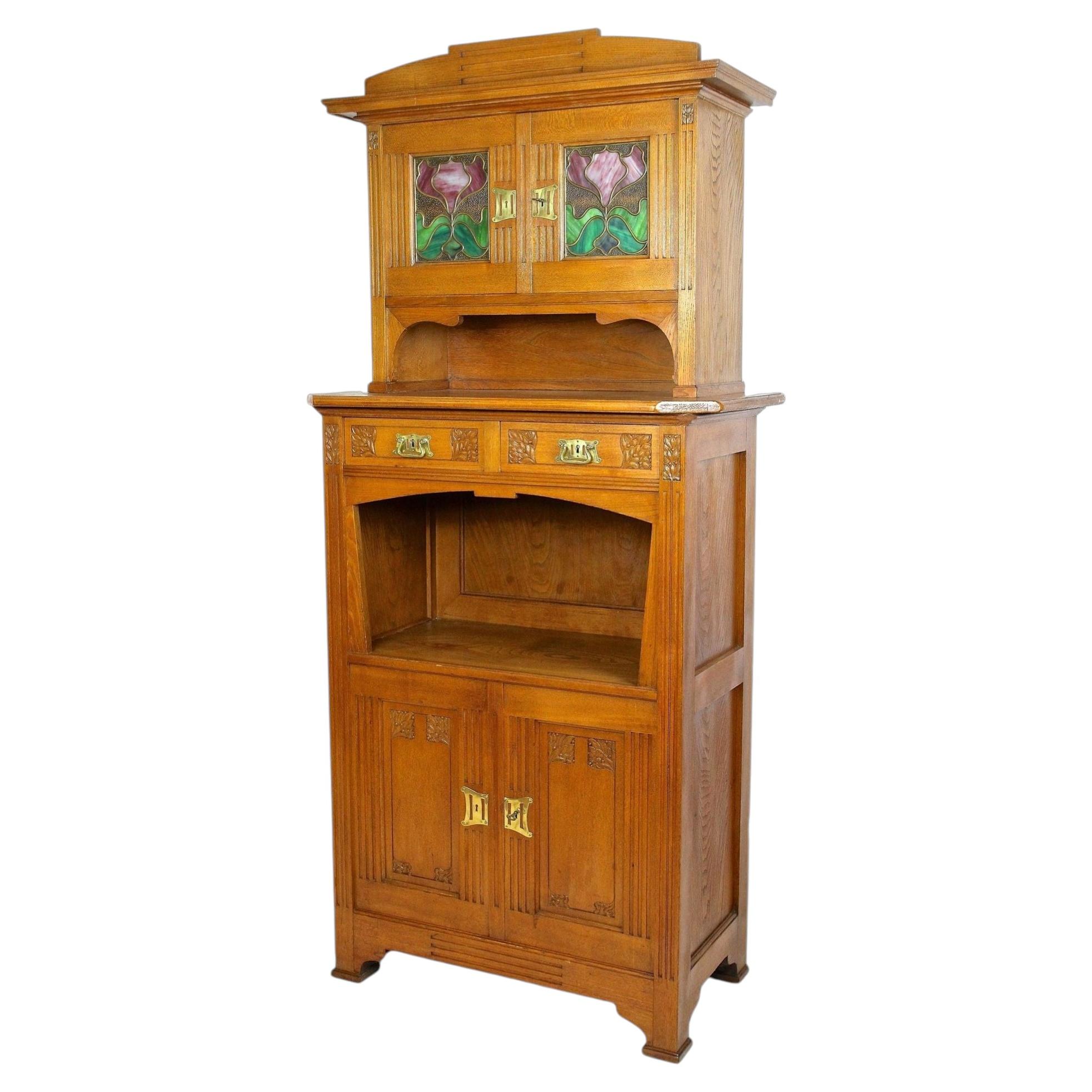 20th Century Art Nouveau Cabinet/ Buffet - Oak, Tiffany Style Glass, AT ca 1910 For Sale