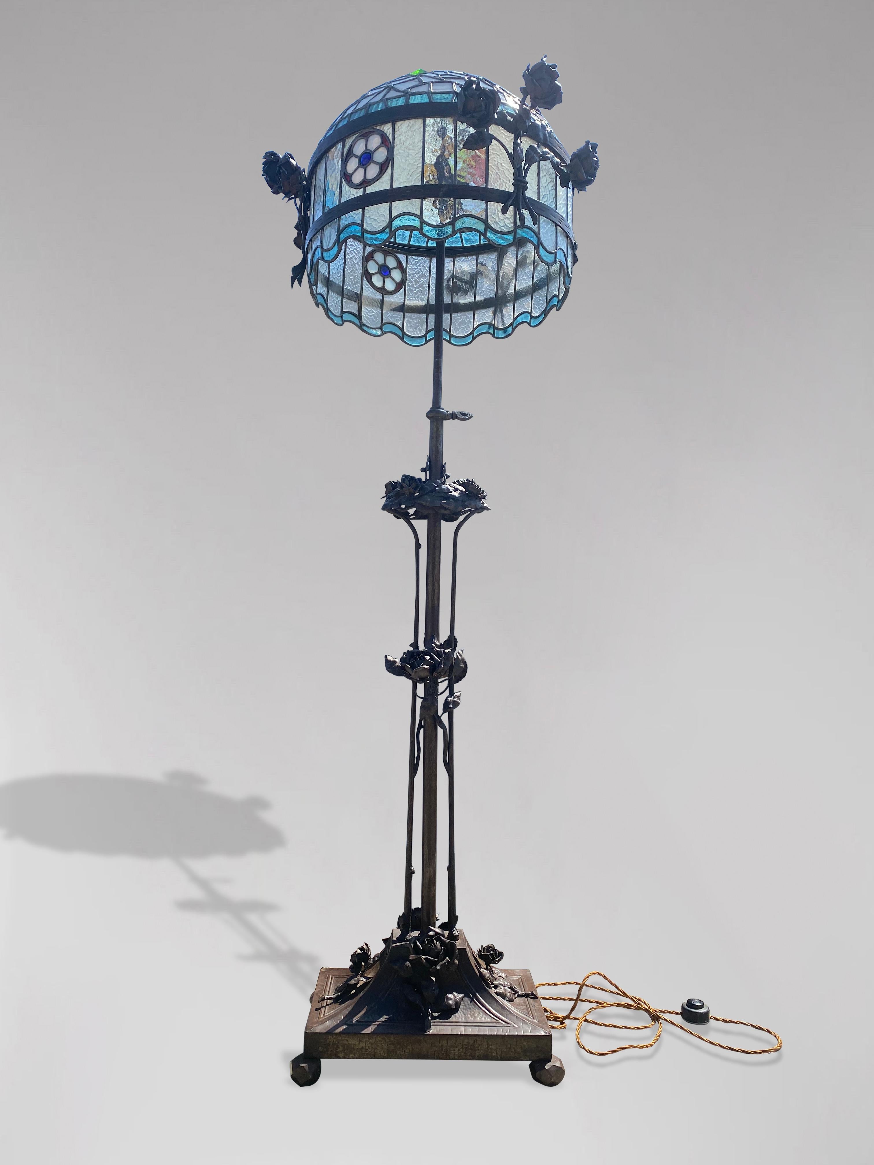 20th Century Art Nouveau Cast Bronze Rose Tree Floor Lamp For Sale at