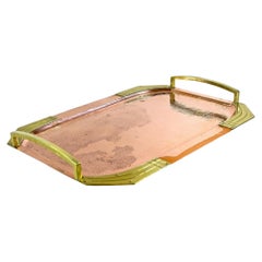 Antique 20th Century Art Nouveau Copper Serving Tray, Gilt Brass Handles, AT circa 1900