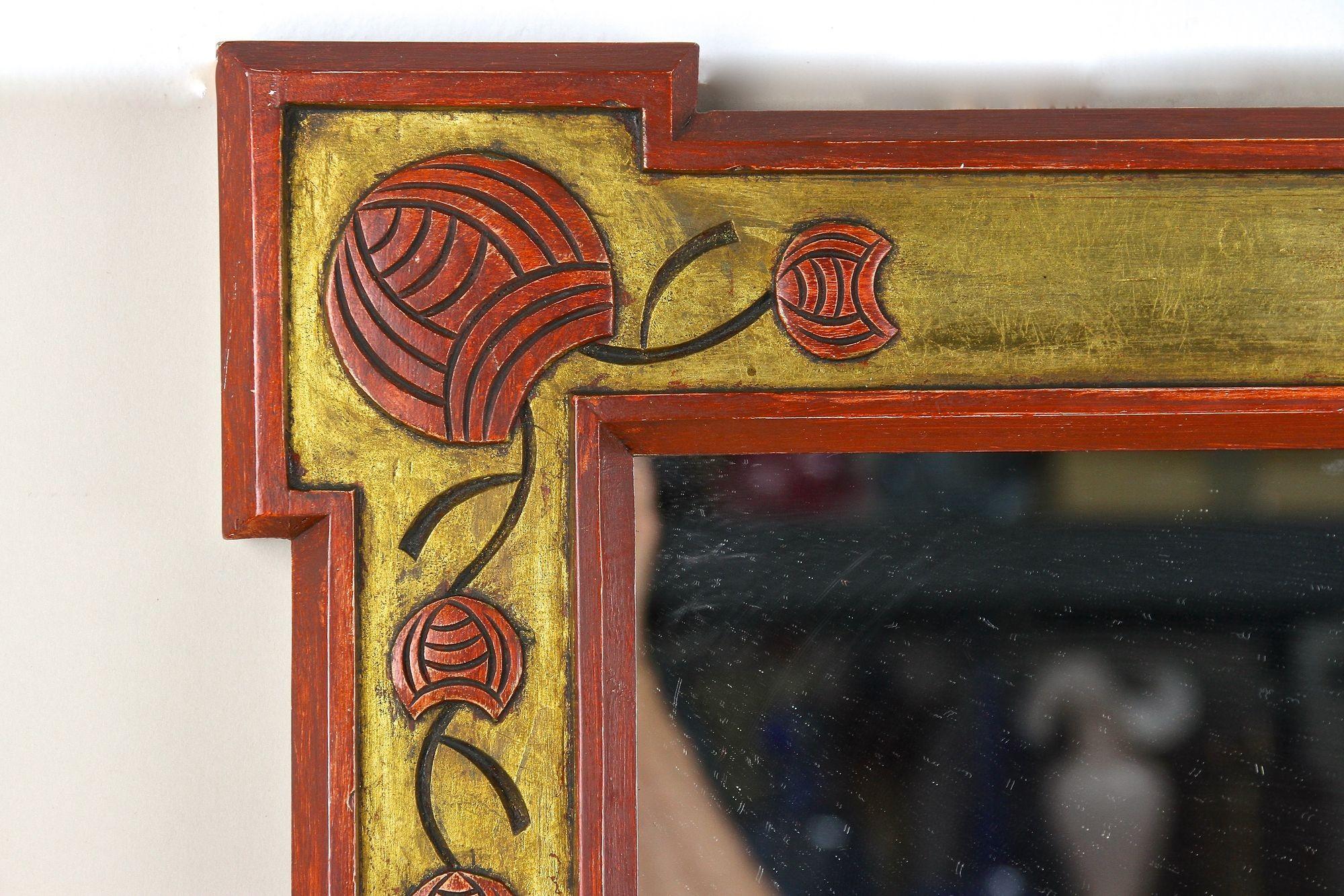 Austrian 20th Century Art Nouveau Gilt/ Red Wall Mirror With Floral Carvings, AT ca. 1900 For Sale