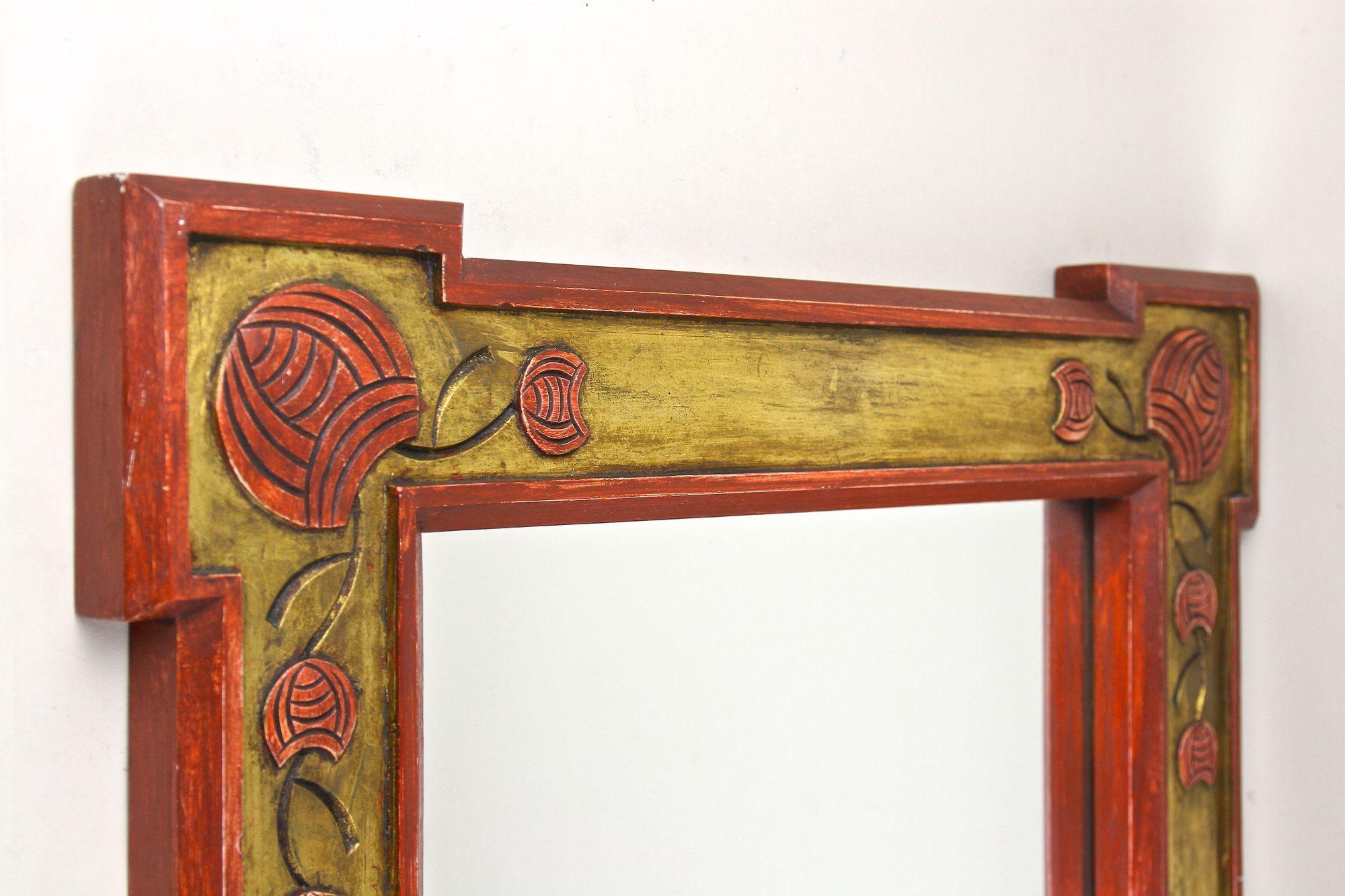 Hand-Carved 20th Century Art Nouveau Gilt/ Red Wall Mirror With Floral Carvings, AT ca. 1900 For Sale