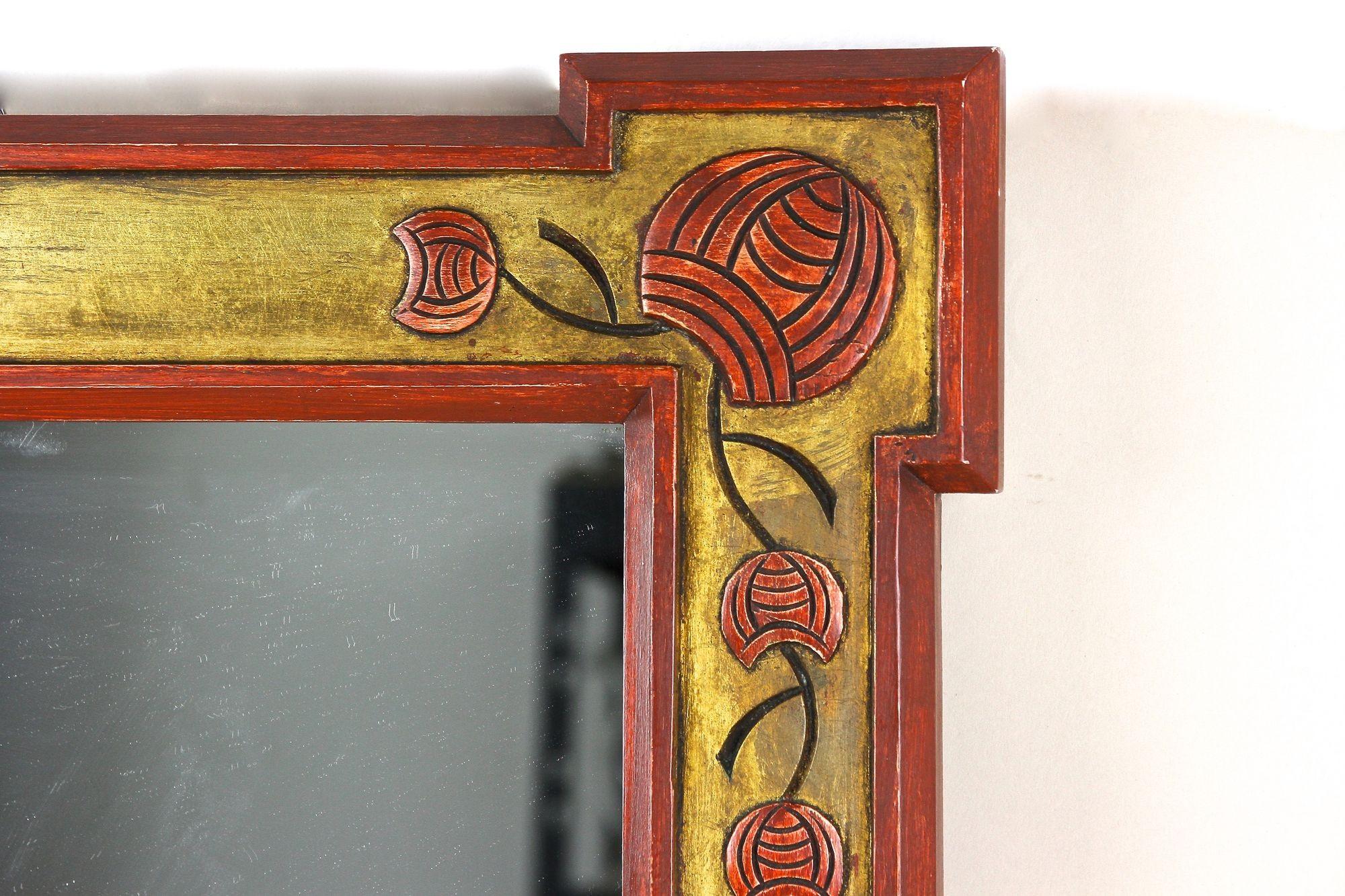 20th Century Art Nouveau Gilt/ Red Wall Mirror With Floral Carvings, AT ca. 1900 For Sale 1