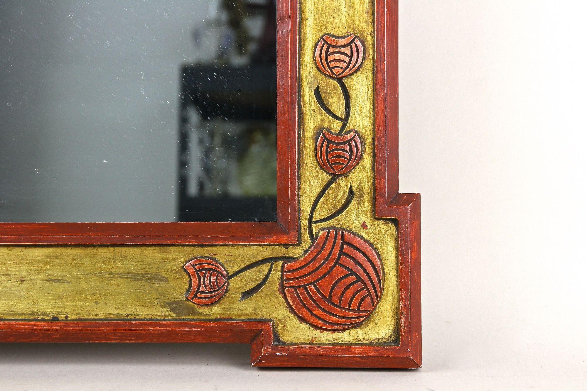 20th Century Art Nouveau Gilt/ Red Wall Mirror With Floral Carvings, AT ca. 1900 For Sale 2