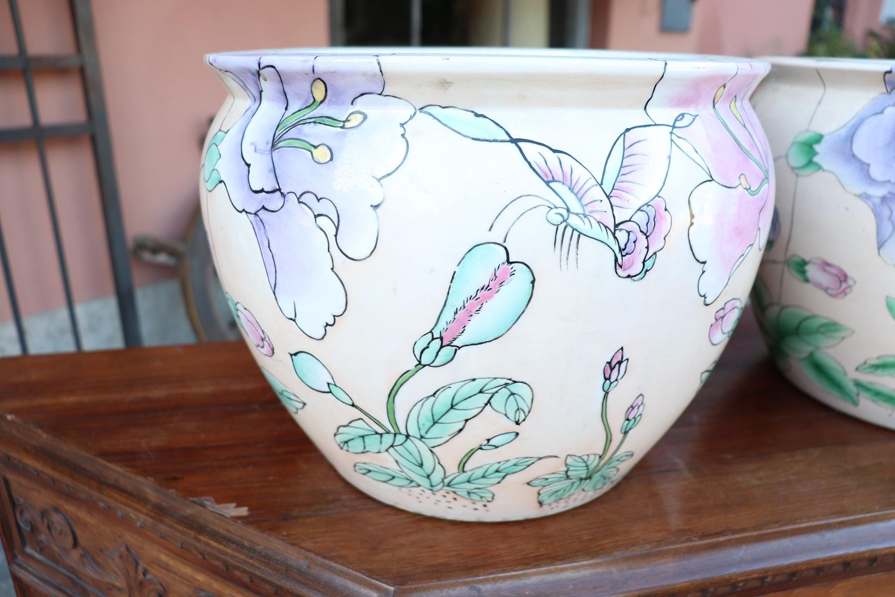 Italian 20th Century Art Nouveau Hand Painted Pair of Ceramic Vase